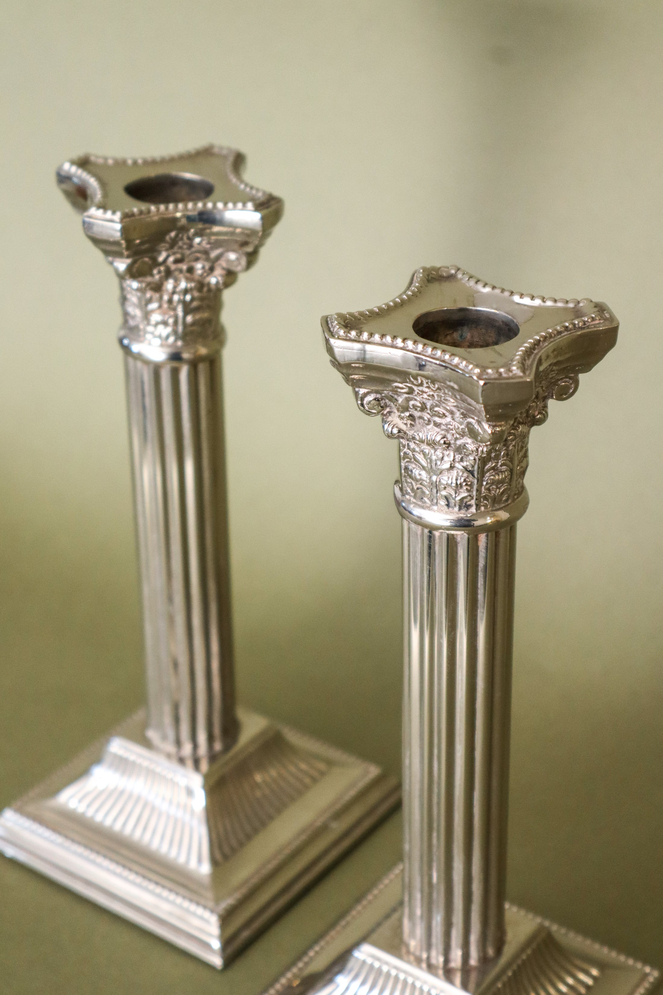 Antique English Pair Candlesticks Corinthian Column Candleholders (c. 1900)