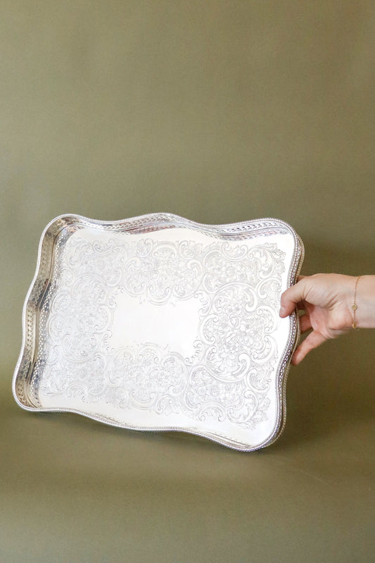 Silver Plate Rounded Rectangular Gallery Tray (Barker Ellis; England c. 1920)