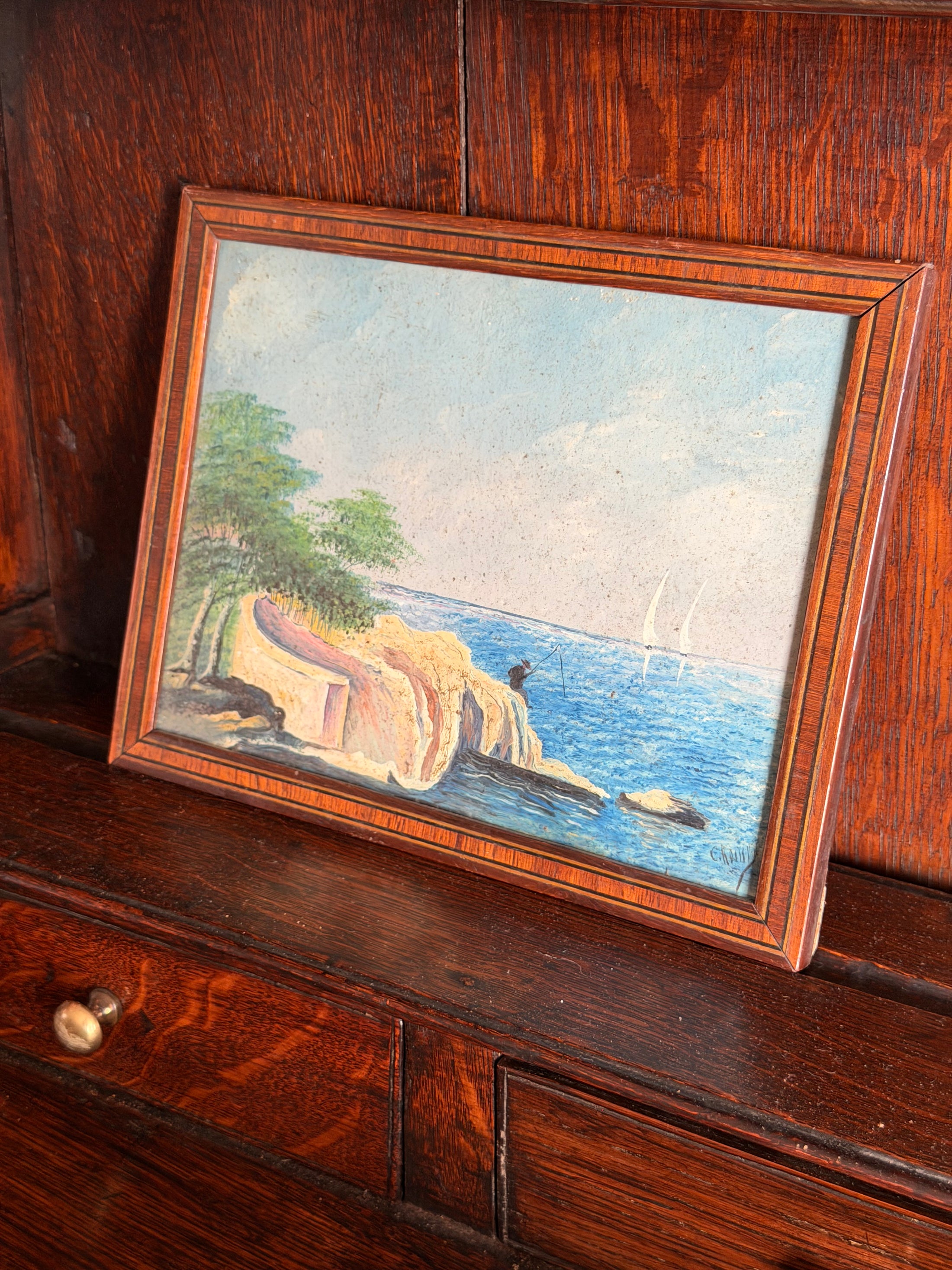 Original Oil on Board Landscape with Fisherman