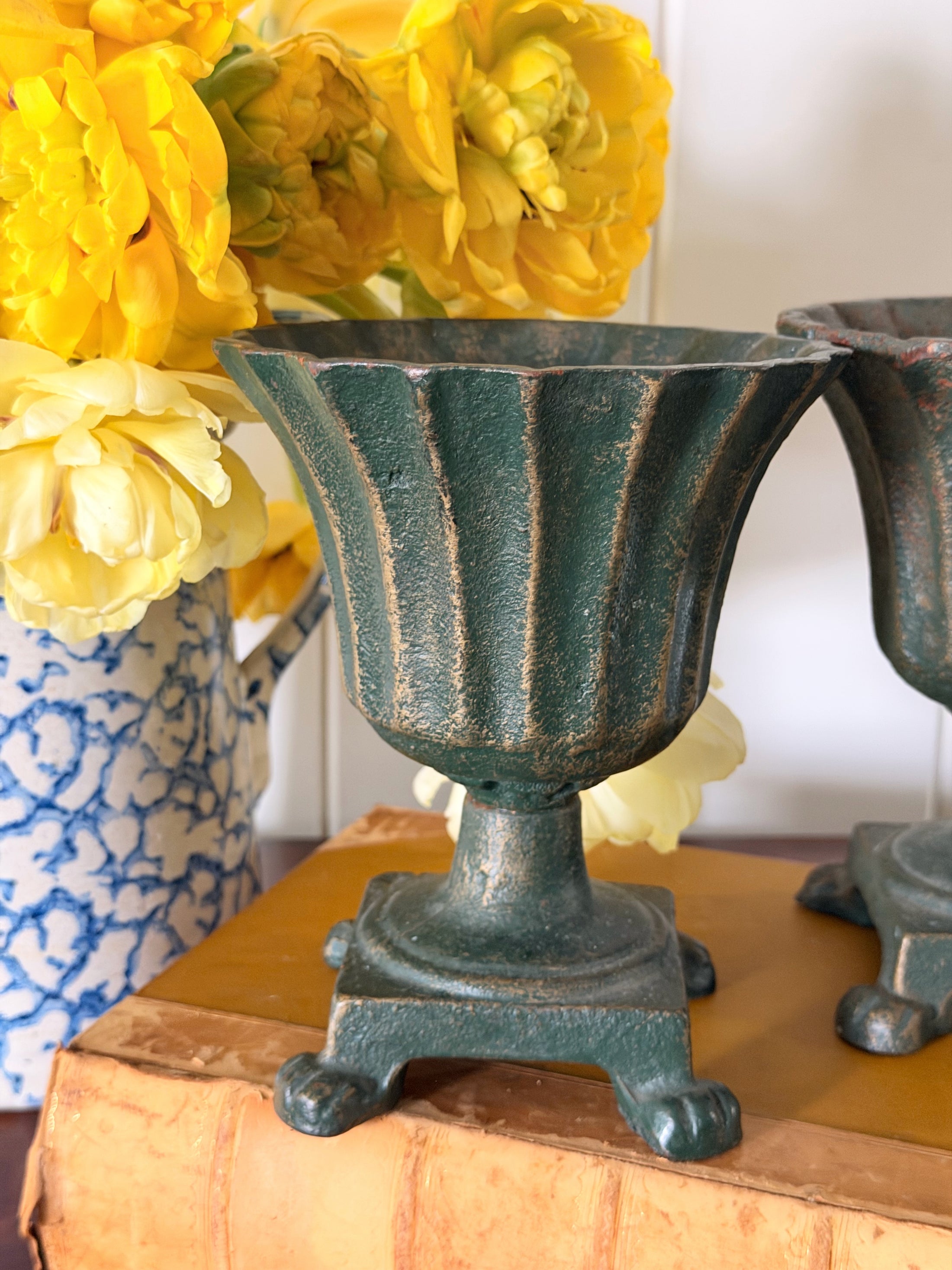PAIR Antique French Petite Cast Iron Fluted Urns