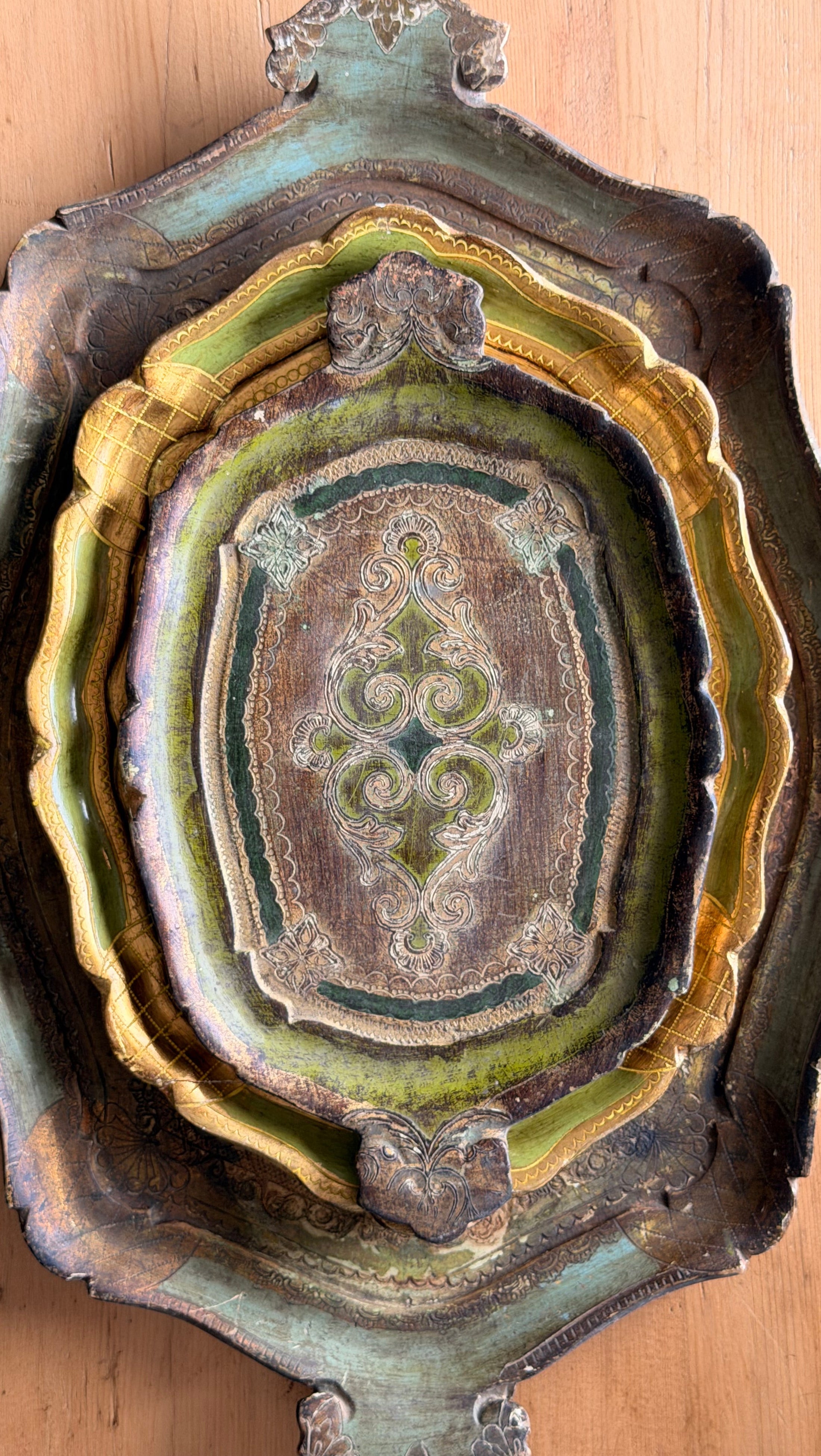 Large Florentine Tray with Green + Pale Blue Coloring