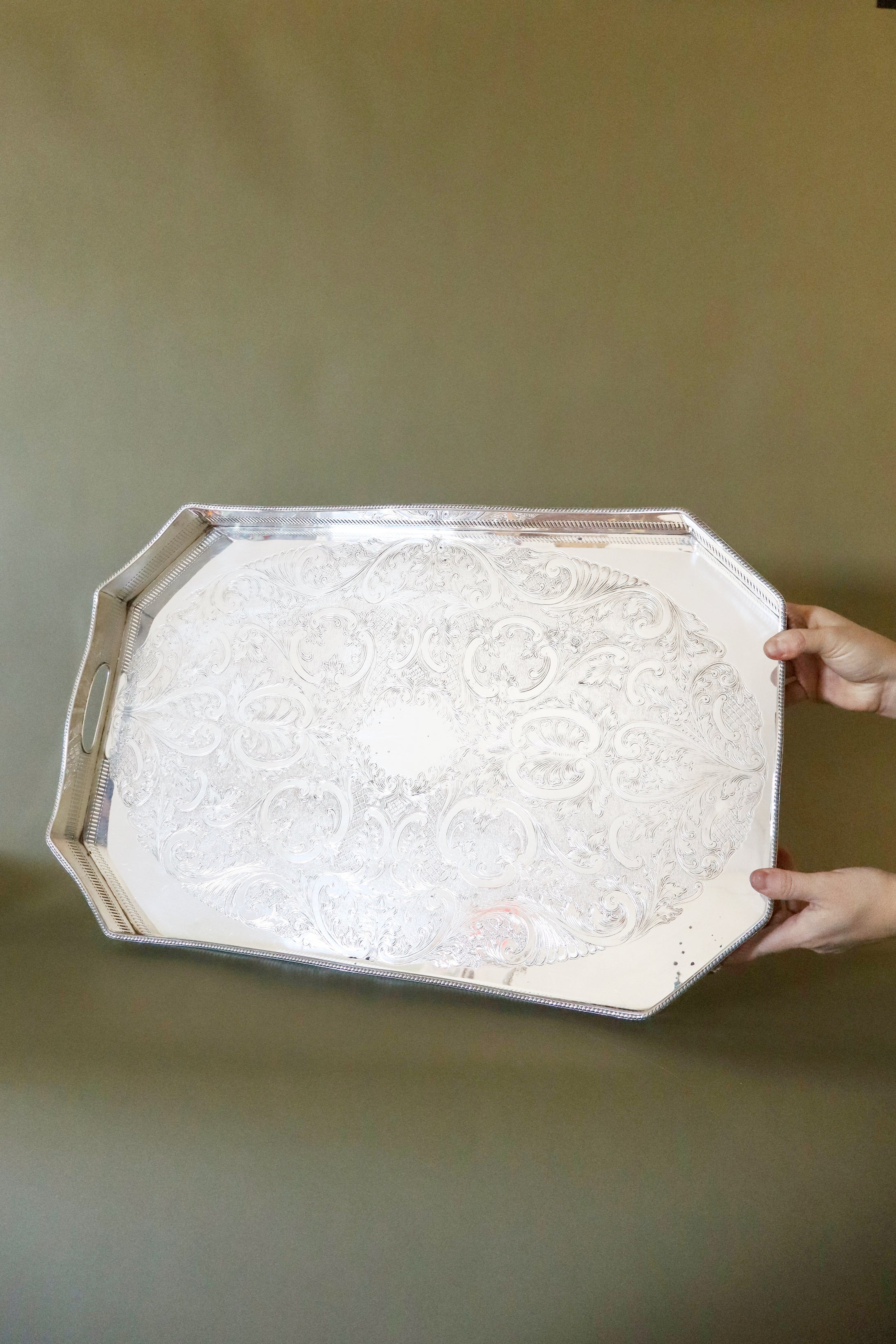 Large Beveled English Silver Tray with Feet + Floral Etching
