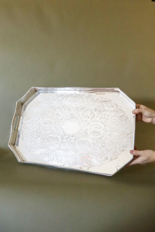 Large Beveled English Silver Tray with Feet + Floral Etching