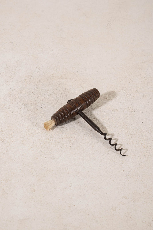 Antique English Ribbed Wood Corkscrew With Boar Hair Bottle Duster (c. 1850)