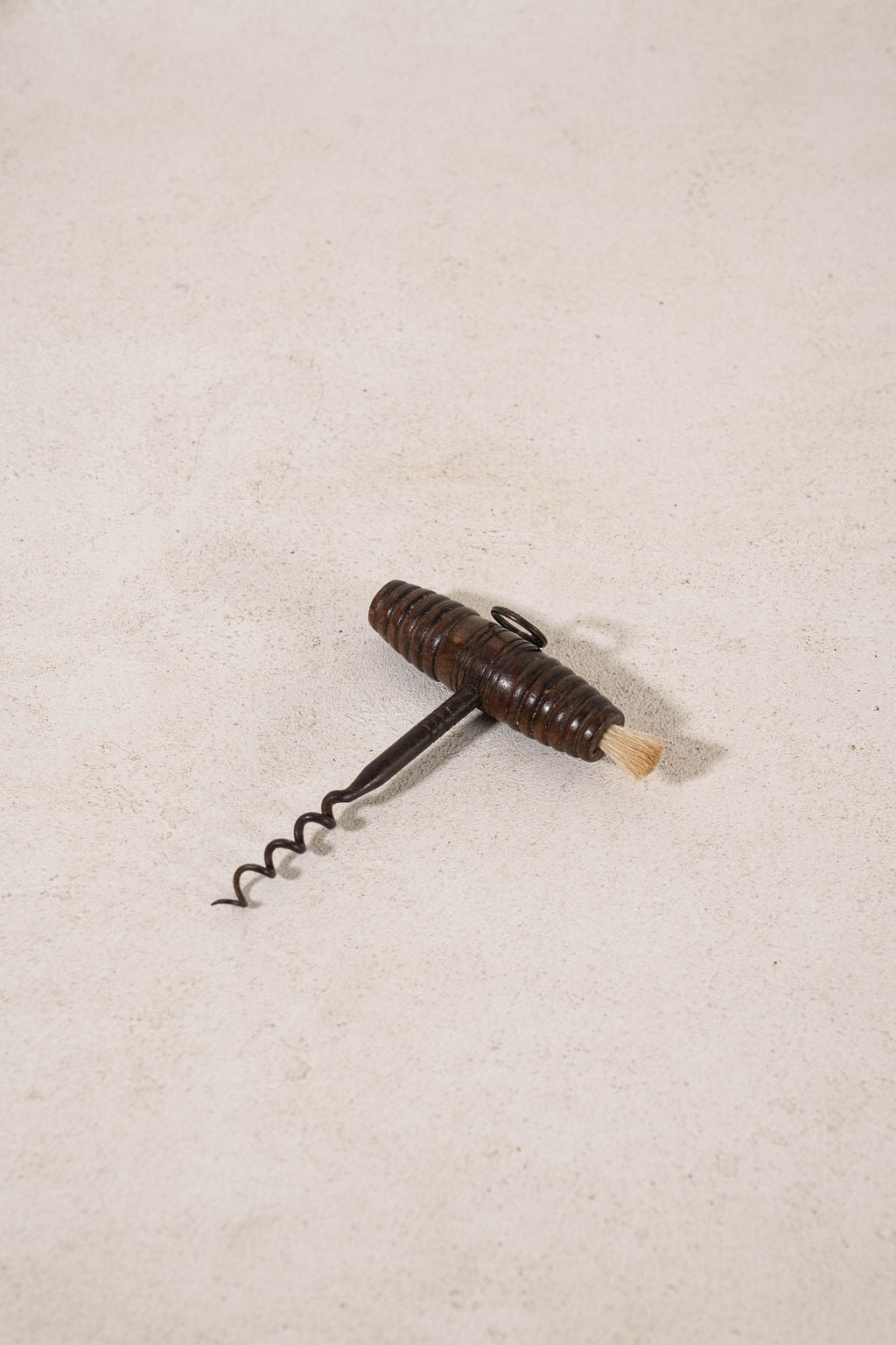 Antique English Ribbed Wood Corkscrew With Boar Hair Bottle Duster (c. 1850)