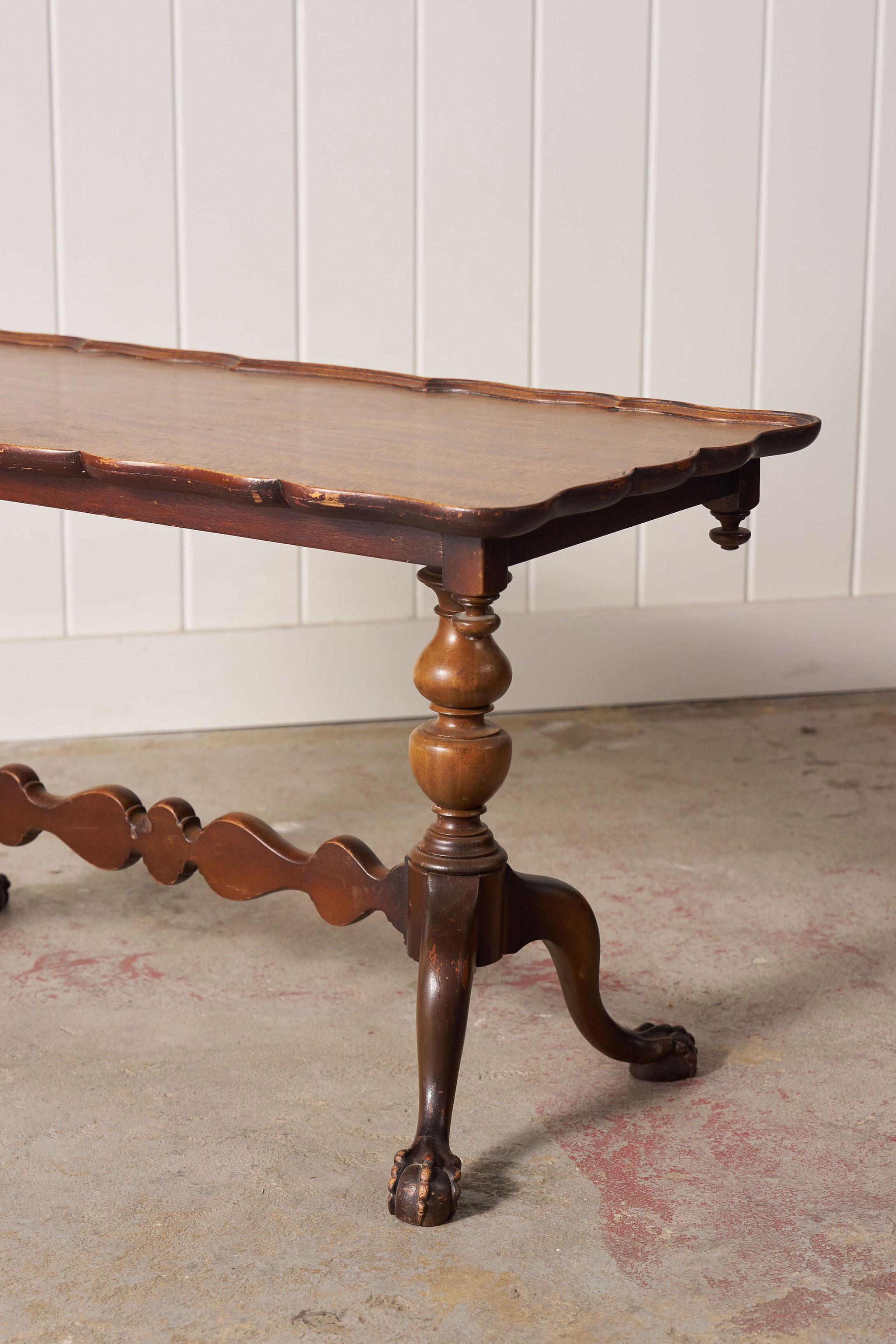 Antique English Coffee Table with Scalloped Top + Carved Claw Feet