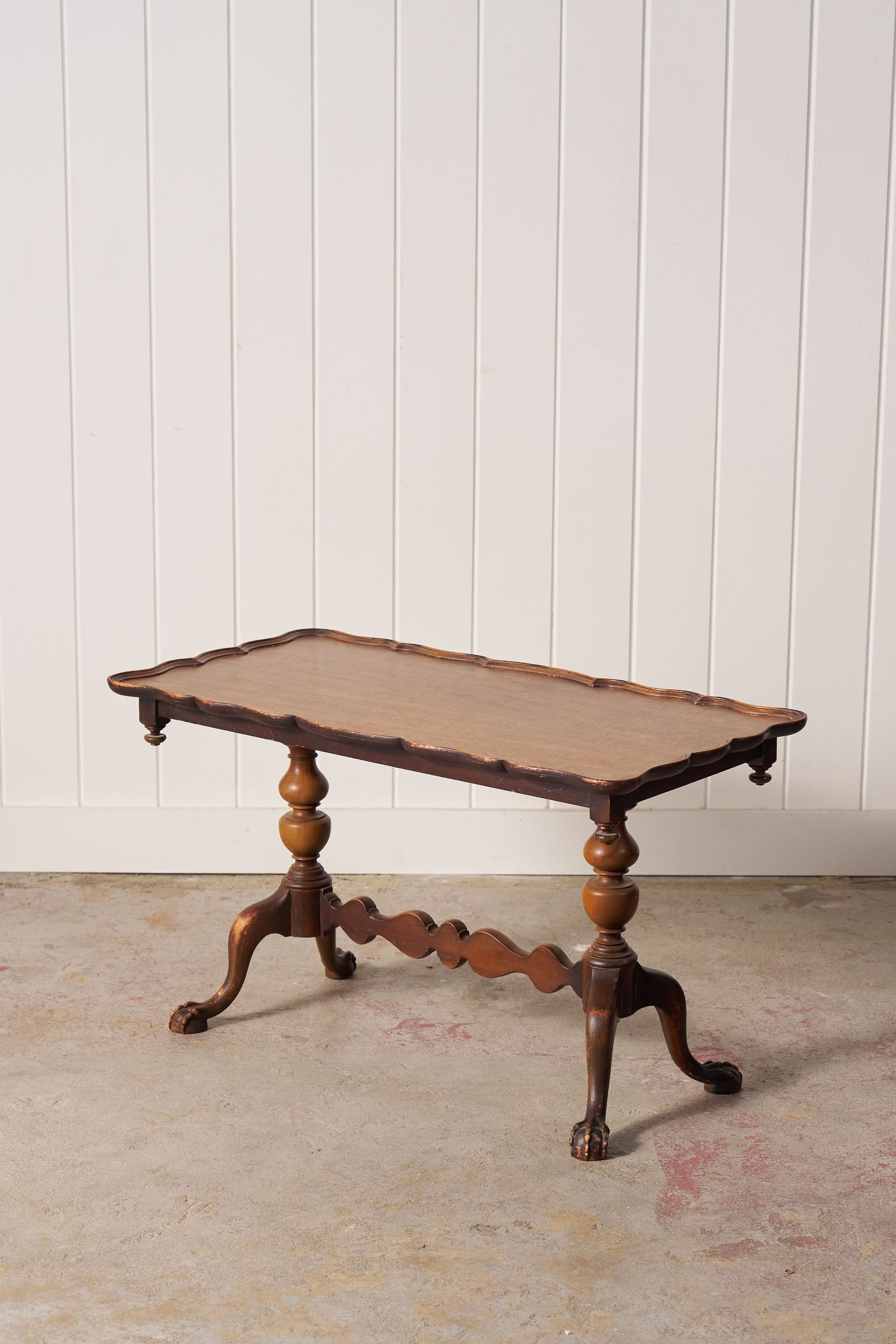 Antique English Coffee Table with Scalloped Top + Carved Claw Feet
