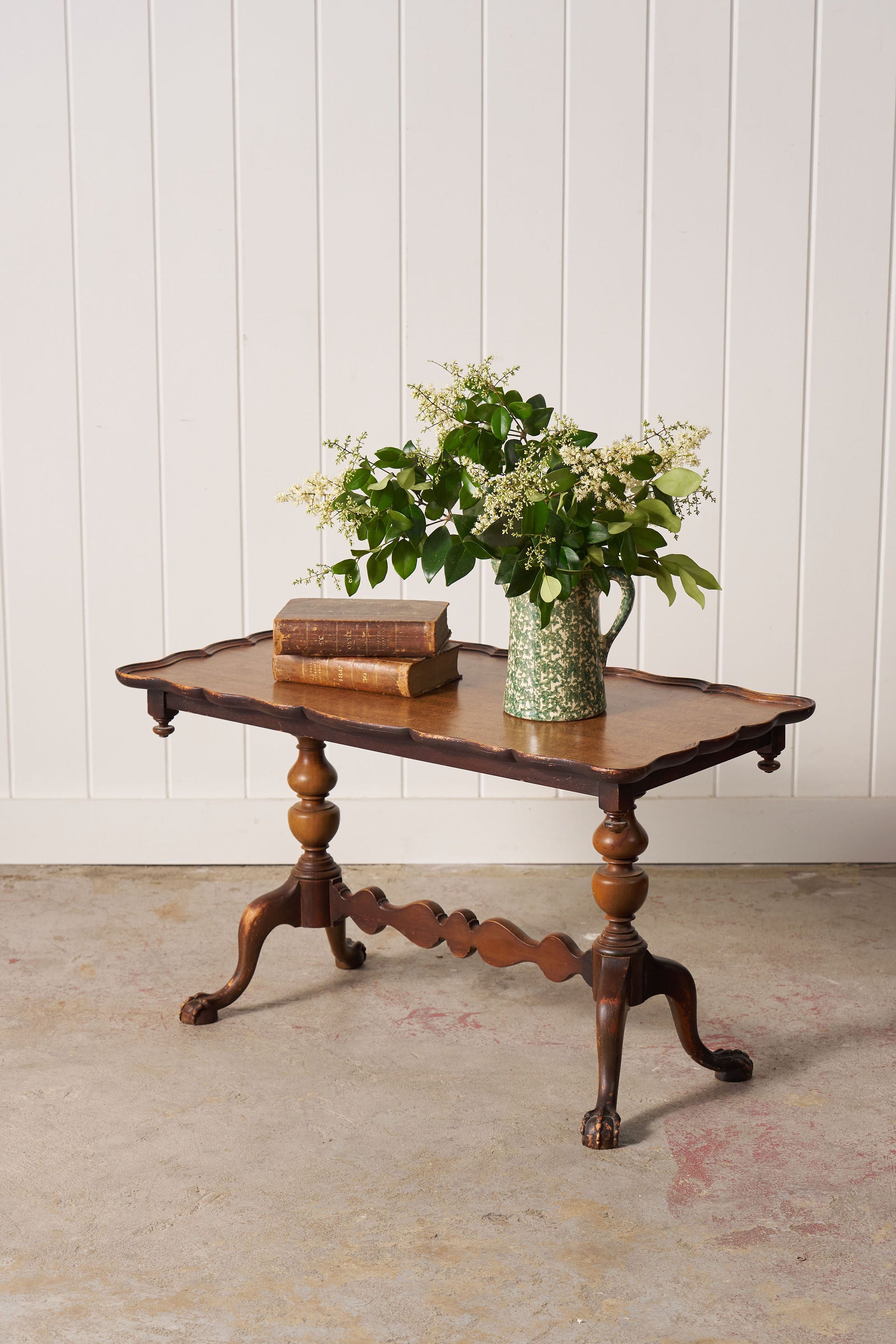 Antique English Coffee Table with Scalloped Top + Carved Claw Feet