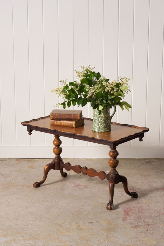 Antique English Coffee Table with Scalloped Top + Carved Claw Feet