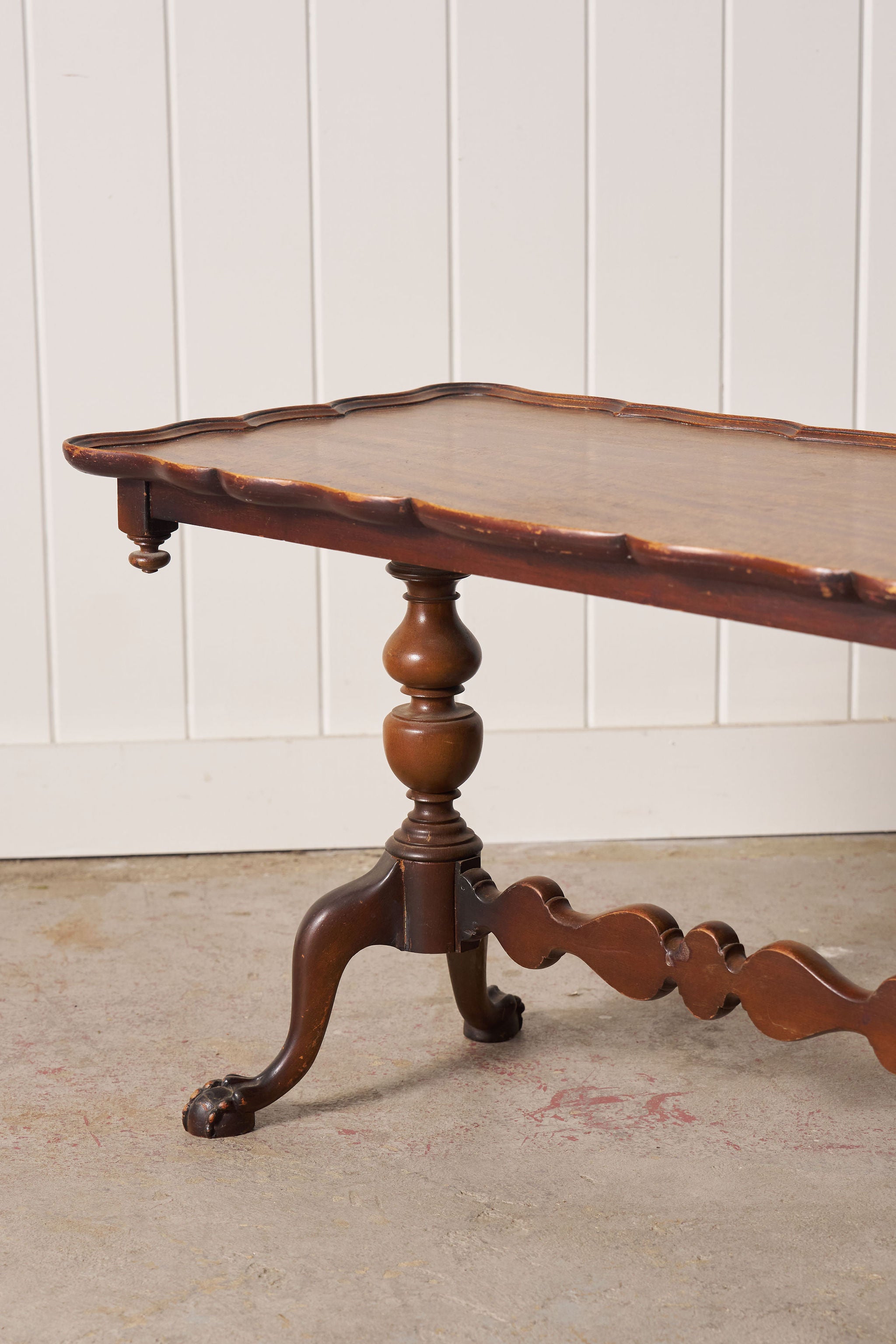 Antique English Coffee Table with Scalloped Top + Carved Claw Feet