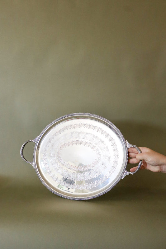 English Silver Plate on Copper Handled Oval Tray with Vine Etching