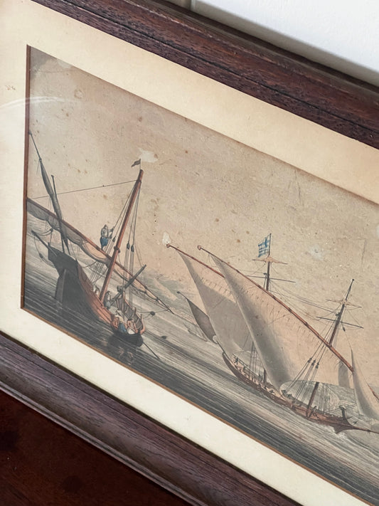 19th Century Hand Colored Engraving, ‘Greek Felucca Privateer’