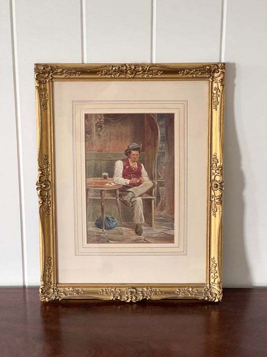 Signed Watercolor 'Gentleman in a Pub' Portrait in Gilt Wood Frame by Joseph H. Barnes (British, 1867-1887)