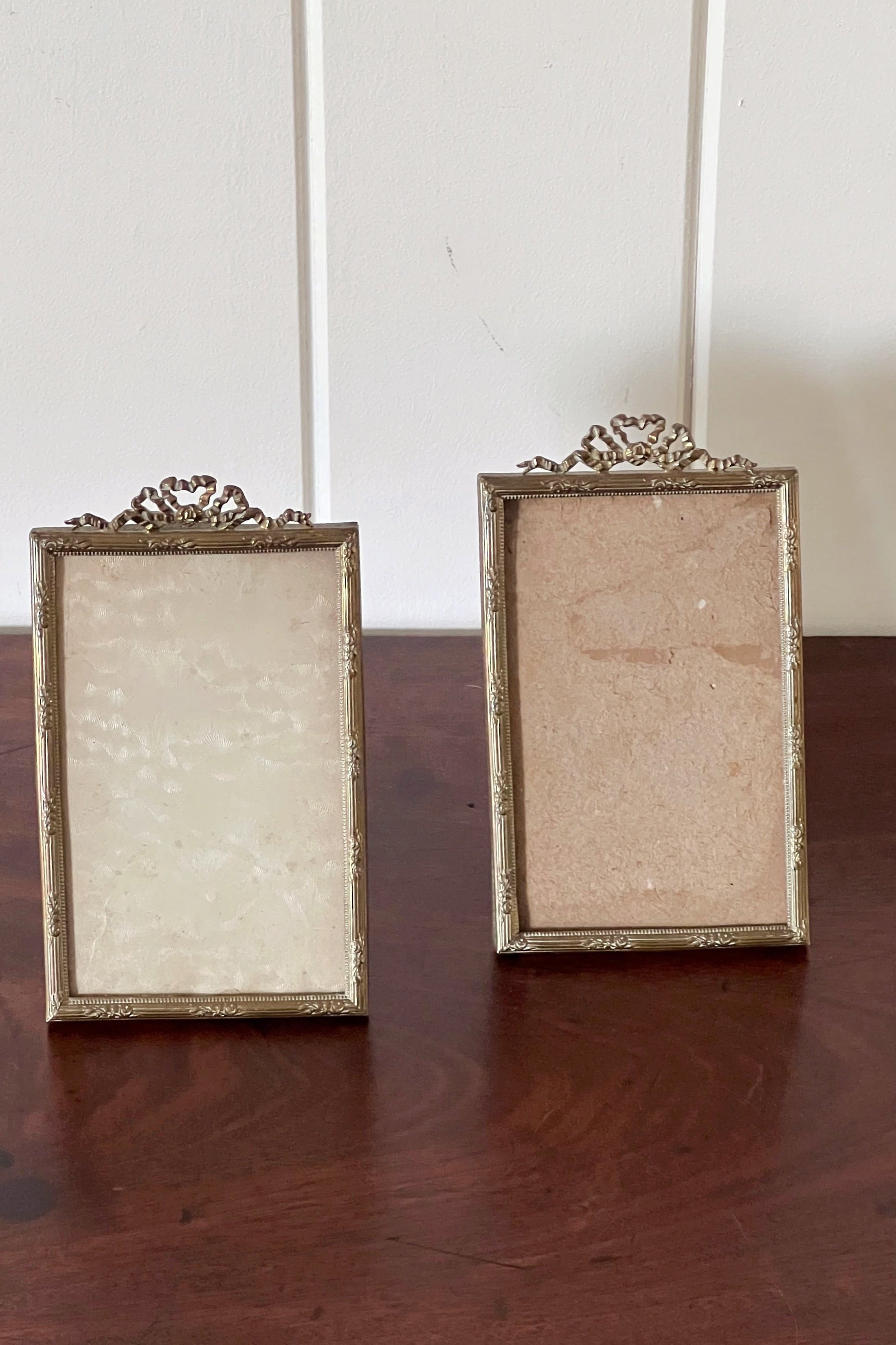PAIR Antique French Brass Tabletop Frames with Top Bow Detailing