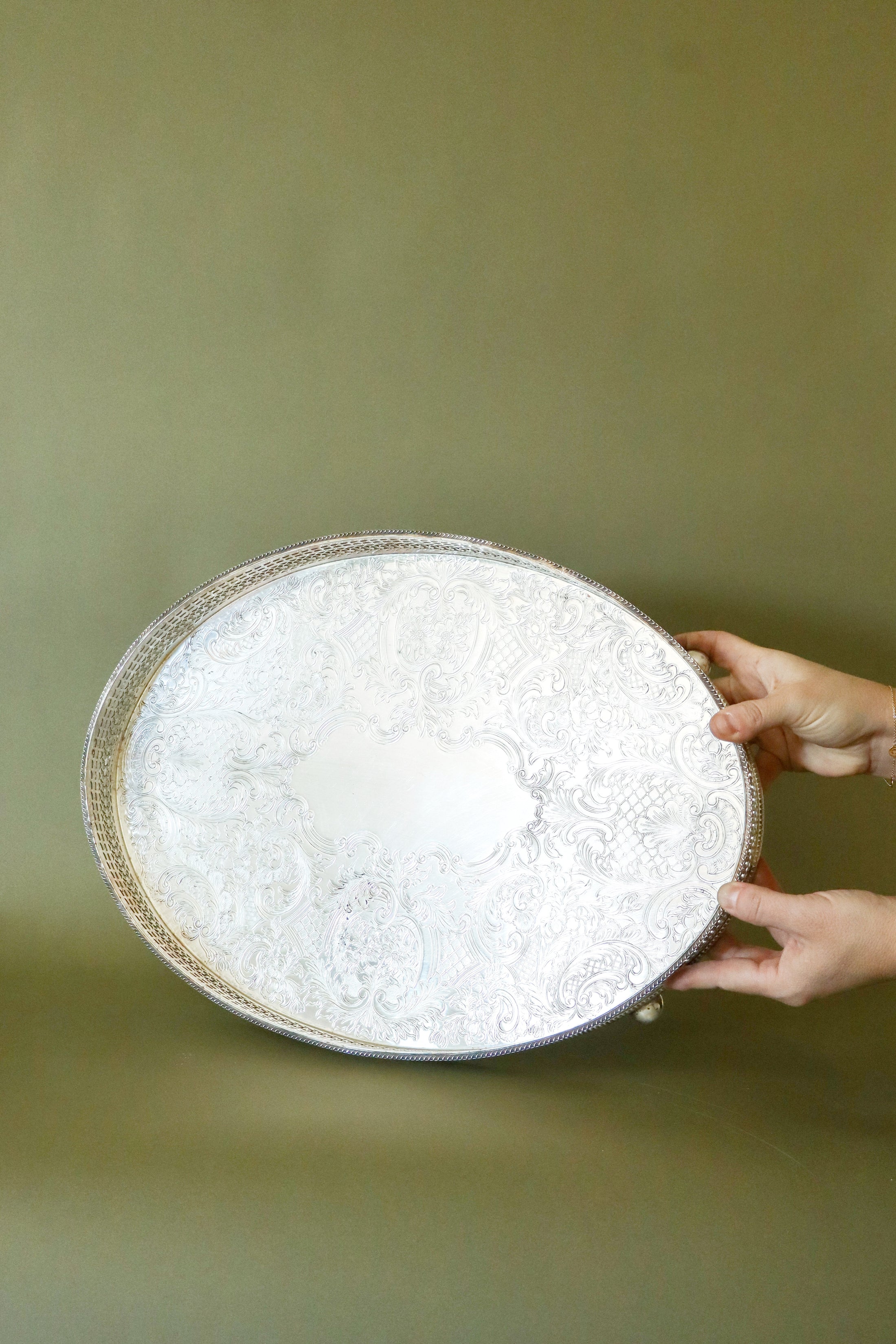 Barker Ellis Silver Plate Oval Etched Tray on Bun Feet (England, c. 1910)