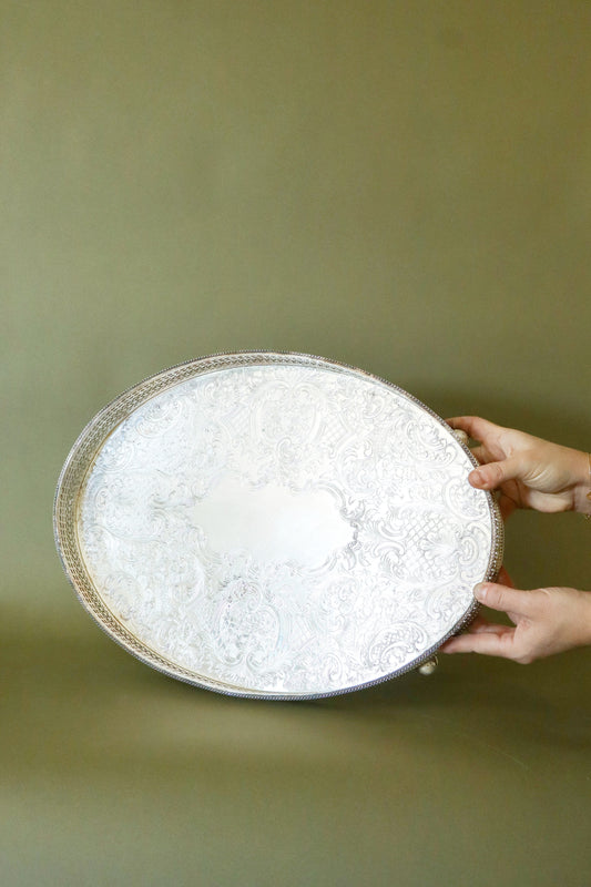 Barker Ellis Silver Plate Oval Etched Tray on Bun Feet (England, c. 1910)