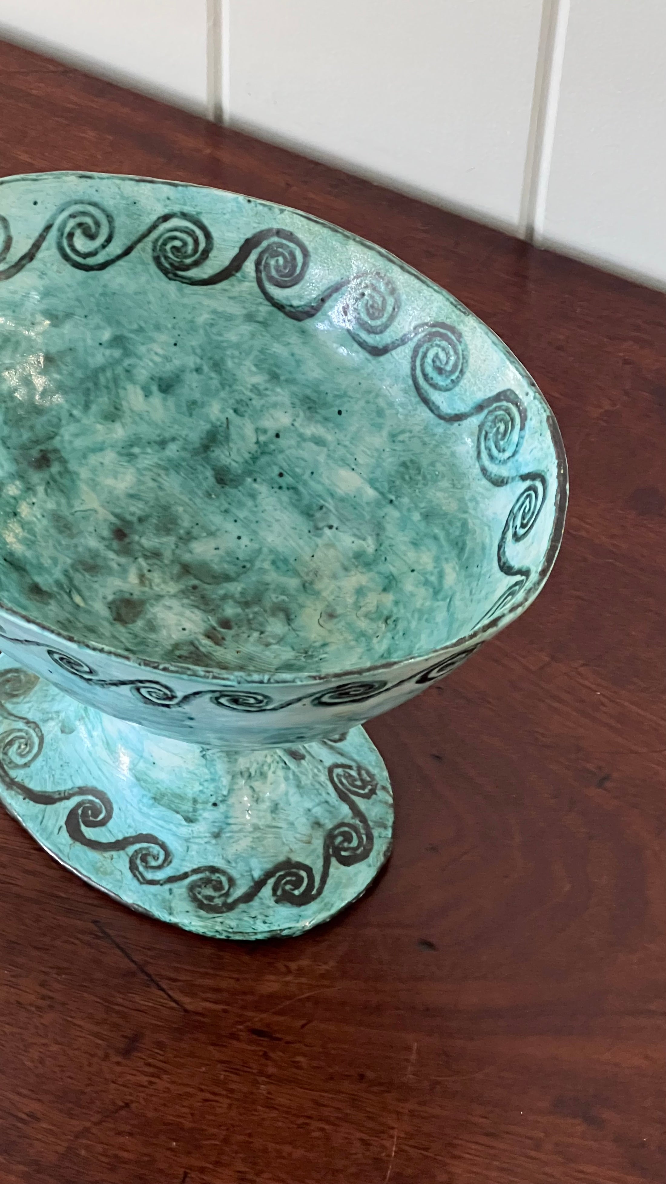 19th Century Handmade Compote in Stunning Aqua Blue with Wave Motif
