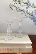Load image into Gallery viewer, Vintage Cut + Etched Crystal Pillar Candle Holders PAIR
