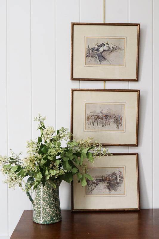 English Hand Colored Horse Racing Print in Vintage Frame
