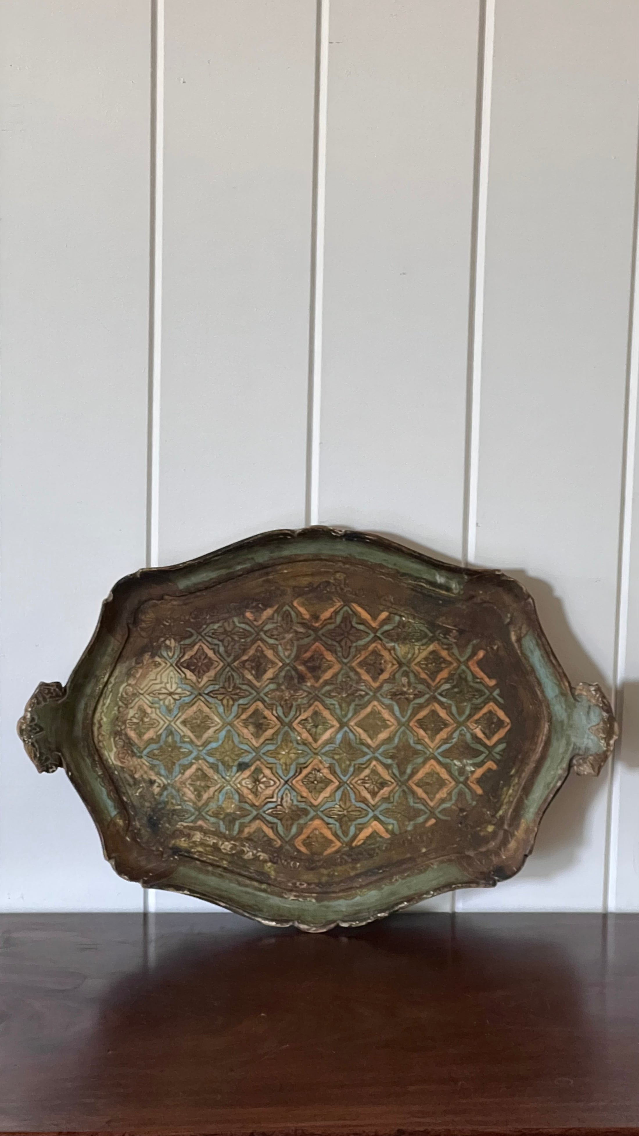 Large Florentine Tray with Green + Pale Blue Coloring