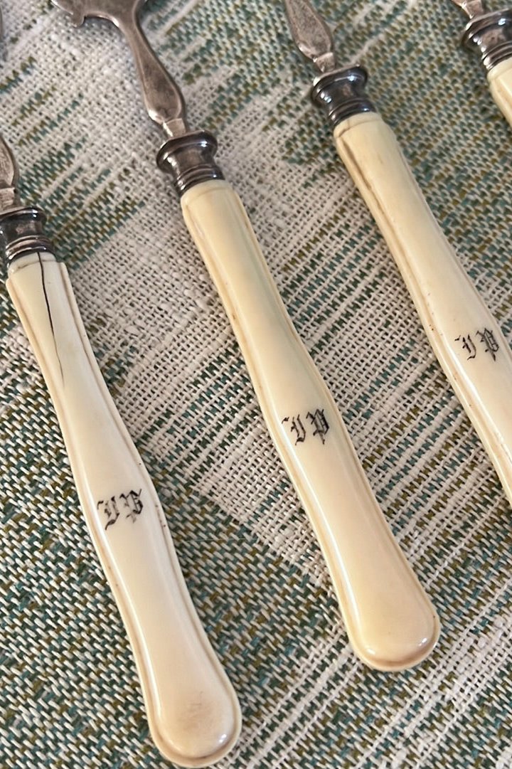 Antique French Sterling Silver + Bone Seafood Forks (Shrimp, Oyster) | SET of 8