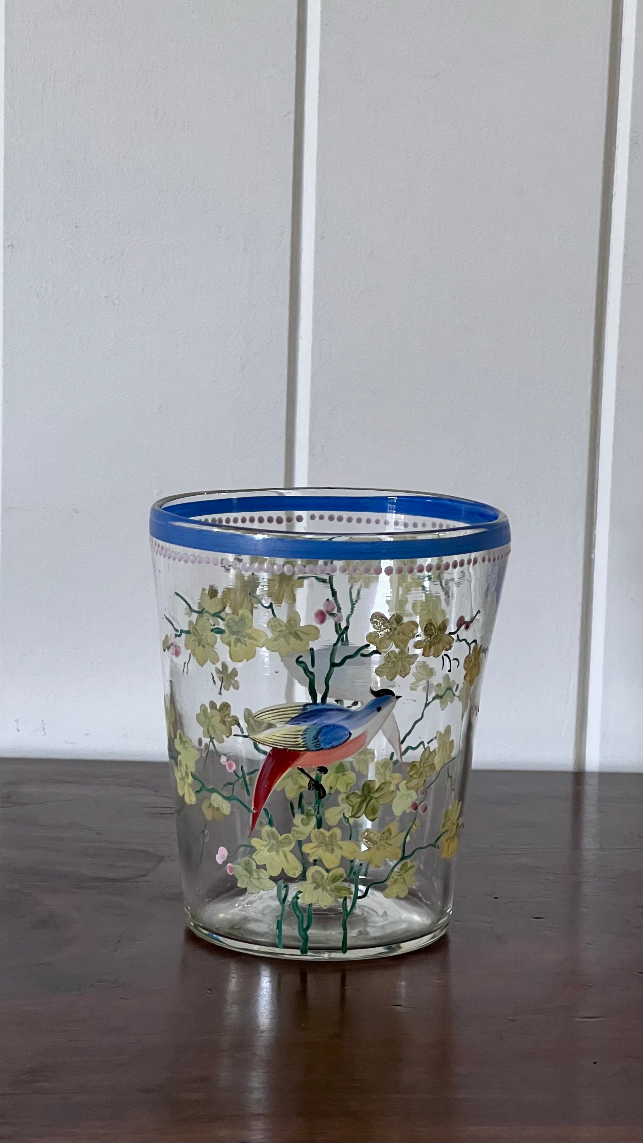 Hand Painted Glass 5.5"H Vase with Bluebirds and Flowers