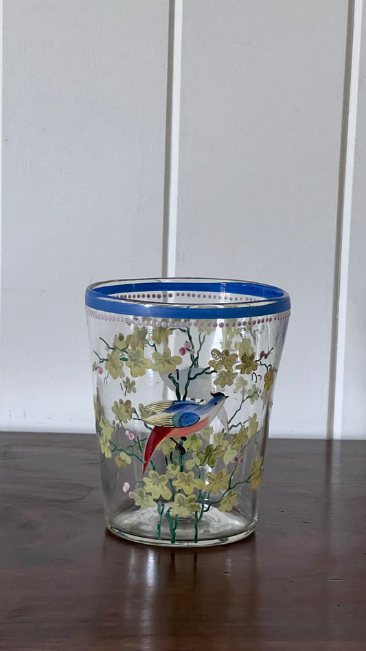 Hand Painted Glass 5.5"H Vase with Bluebirds and Flowers