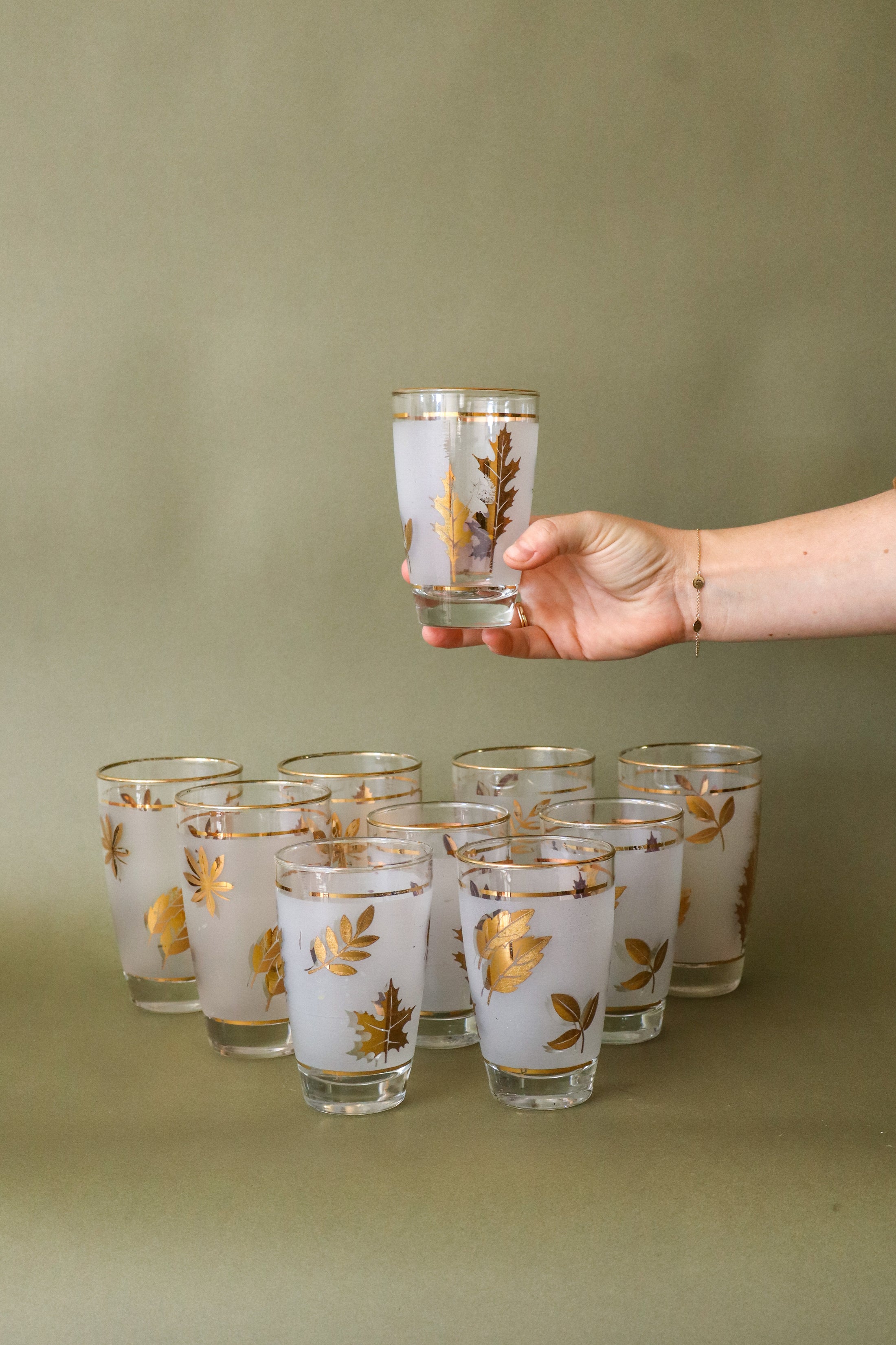 SET of 10 | Vintage Libbey Gold Leaf Frosted Glasses