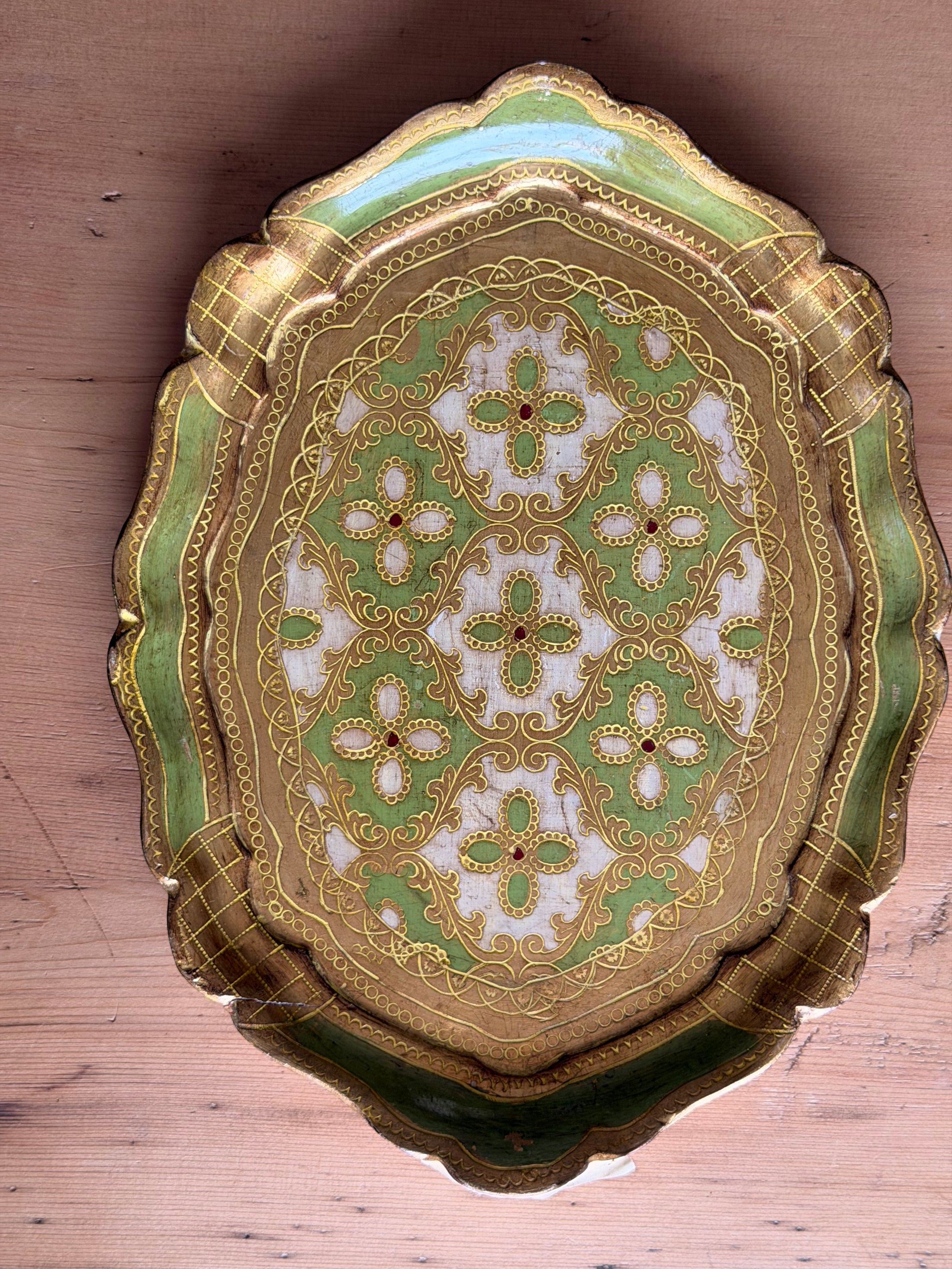 Medium Sized Florentine Tray with Light Green + Gold Coloring