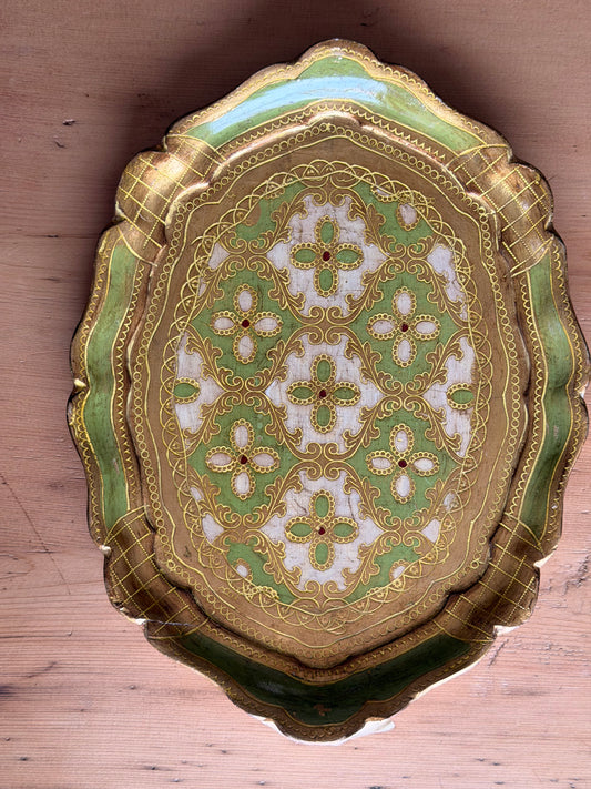 Medium Sized Florentine Tray with Light Green + Gold Coloring