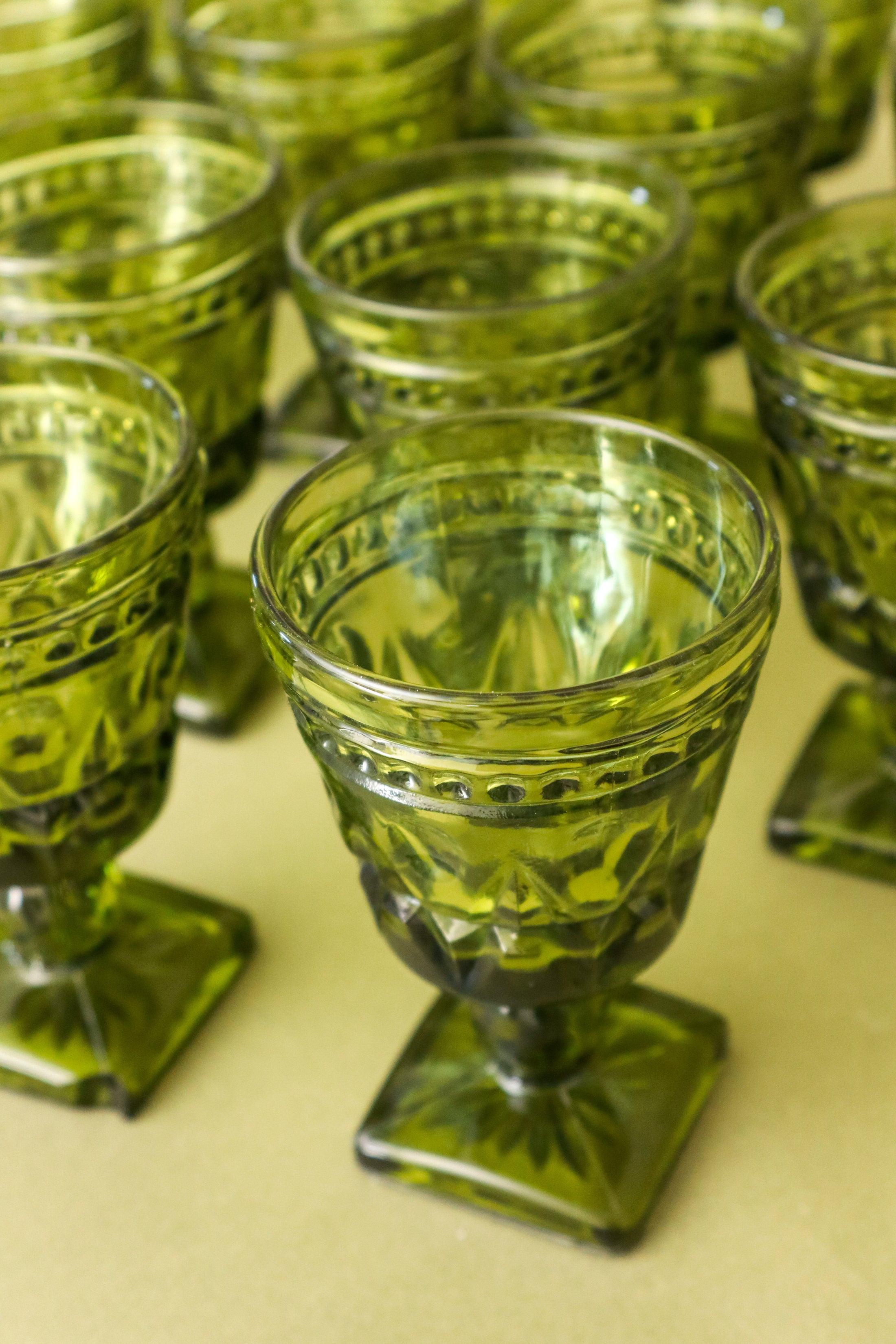 SET of 14 | Vintage Indiana Glass Colony Park Lane Avocado Green Goblets Cups