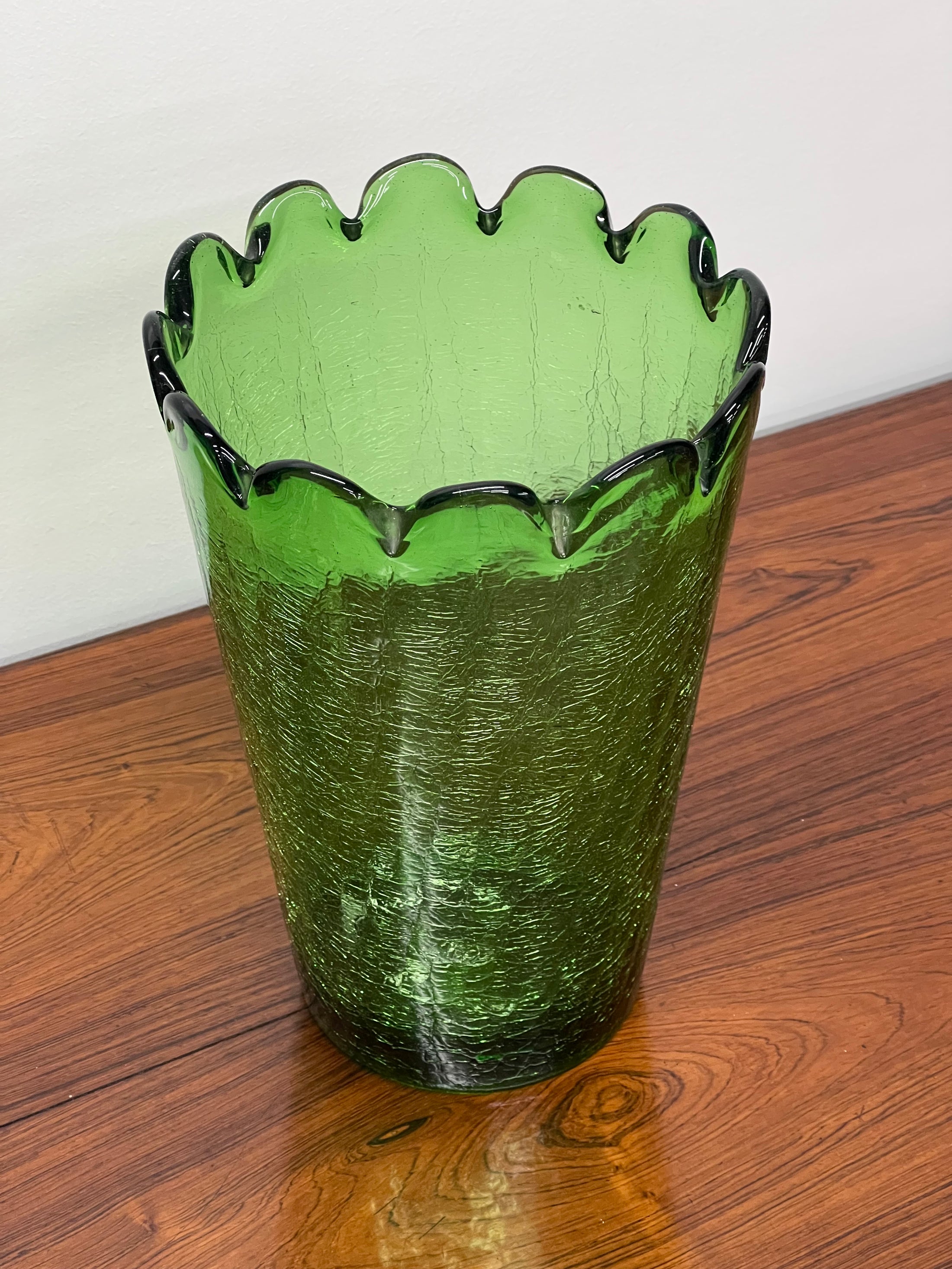 Vintage Green Scalloped Crackle Glass Vase