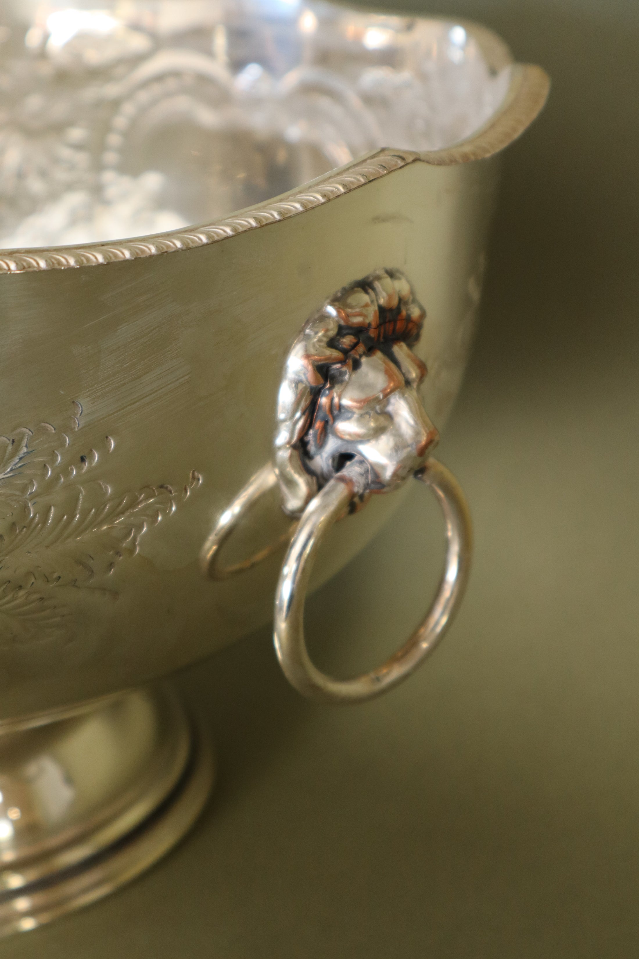Silver Plate Punch Bowl with Scalloped Edge + Lion Head Pulls | includes 4 Cups | by Pinder Brothers England