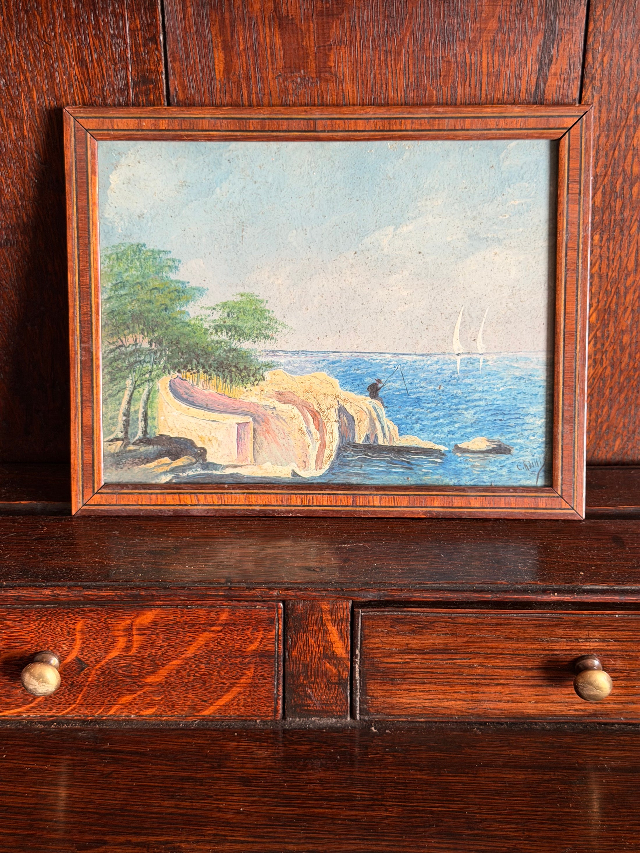 Original Oil on Board Landscape with Fisherman