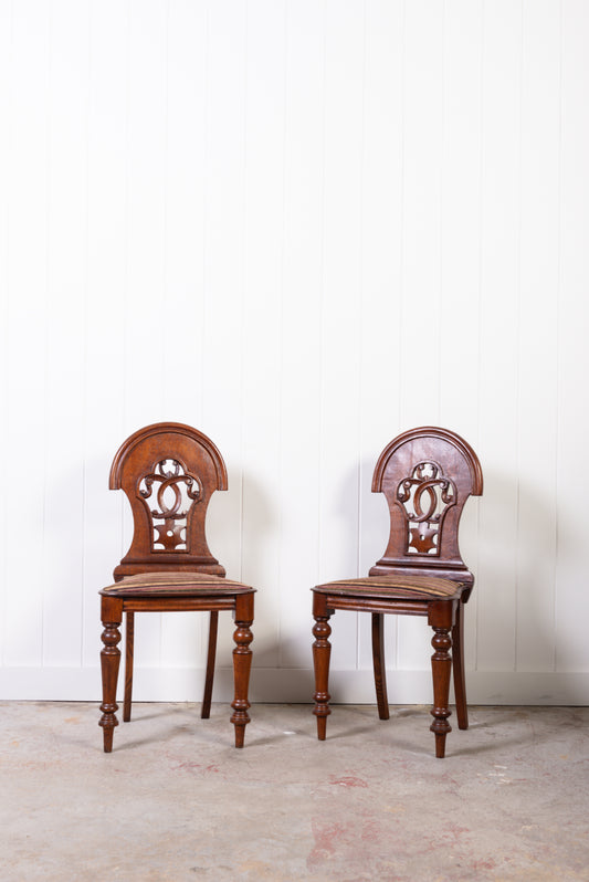 PAIR Victorian Oak Hall Chairs with Striped Upholstery