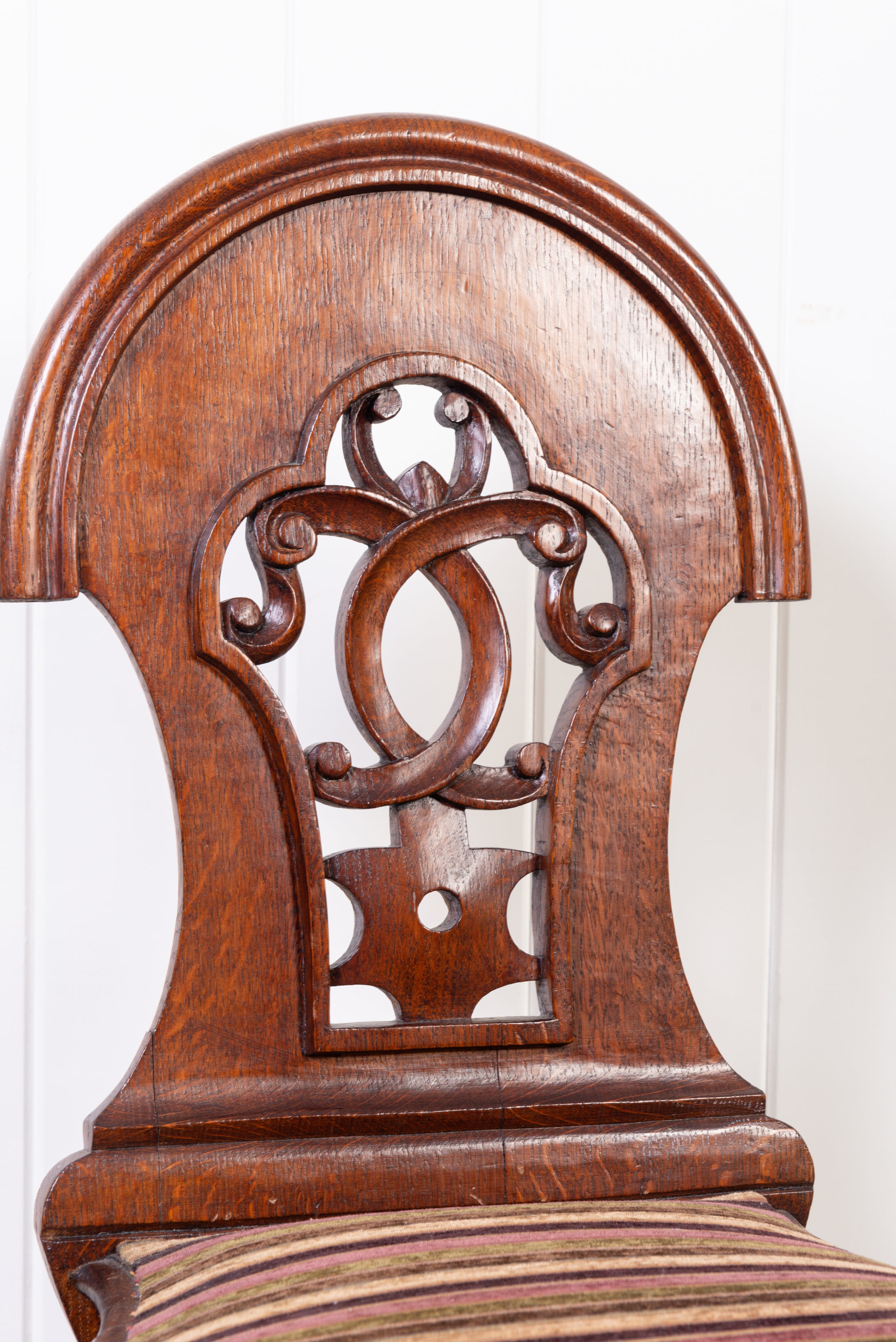PAIR Victorian Oak Hall Chairs with Striped Upholstery