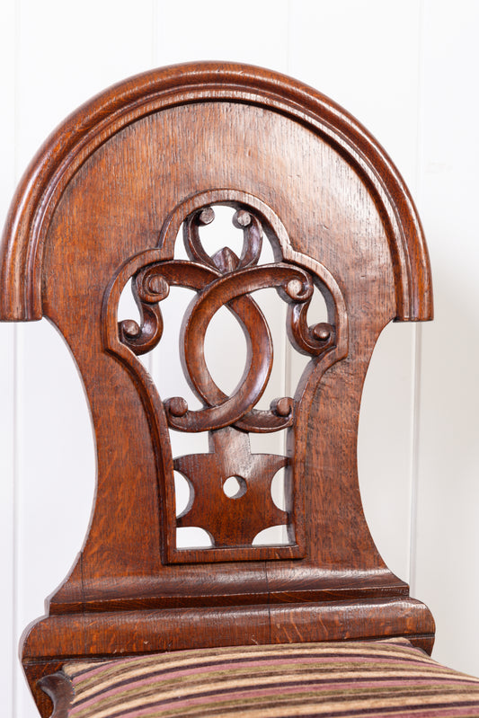 PAIR Victorian Oak Hall Chairs with Striped Upholstery