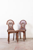 Load image into Gallery viewer, PAIR Victorian Oak Hall Chairs with Striped Upholstery
