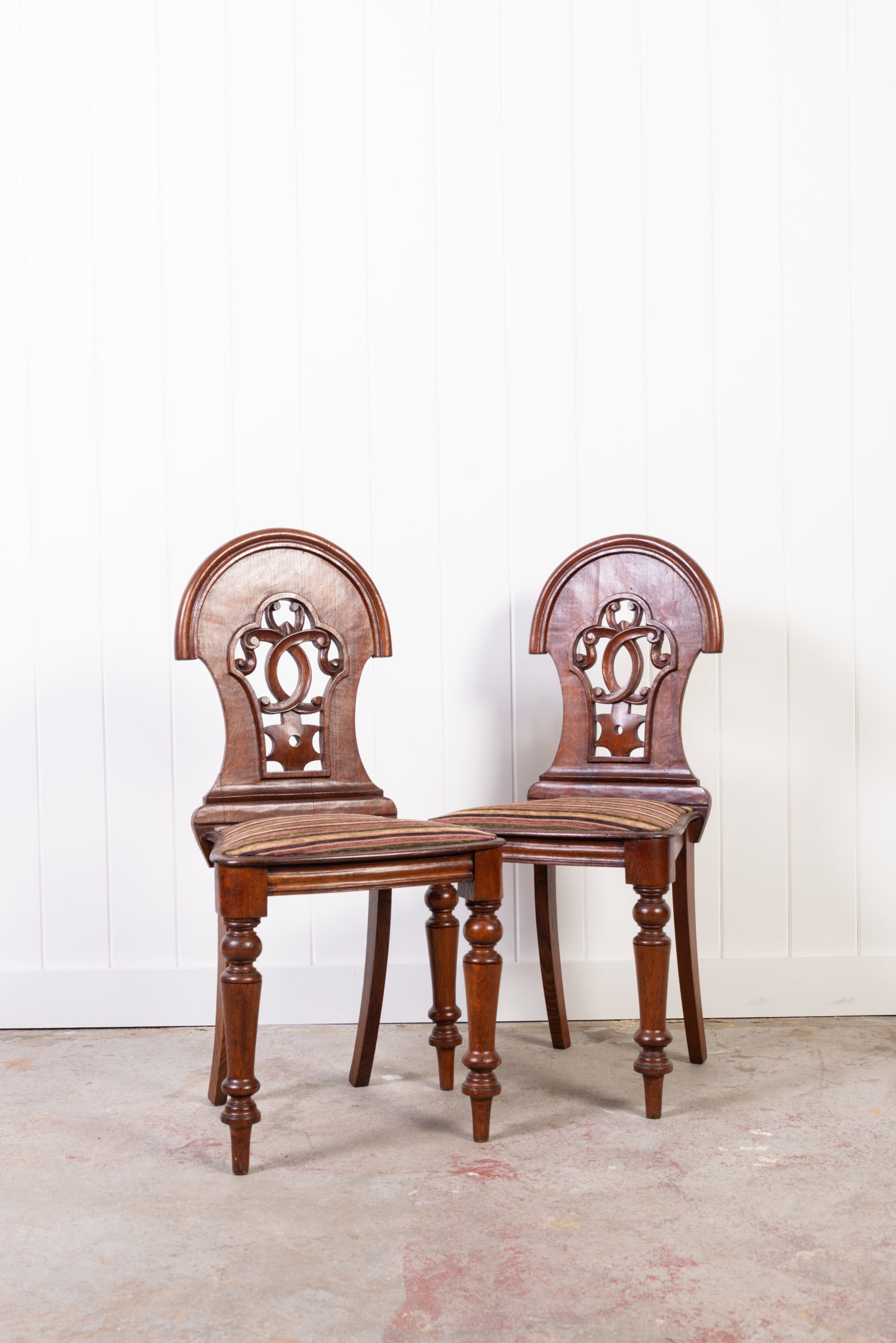 PAIR Victorian Oak Hall Chairs with Striped Upholstery