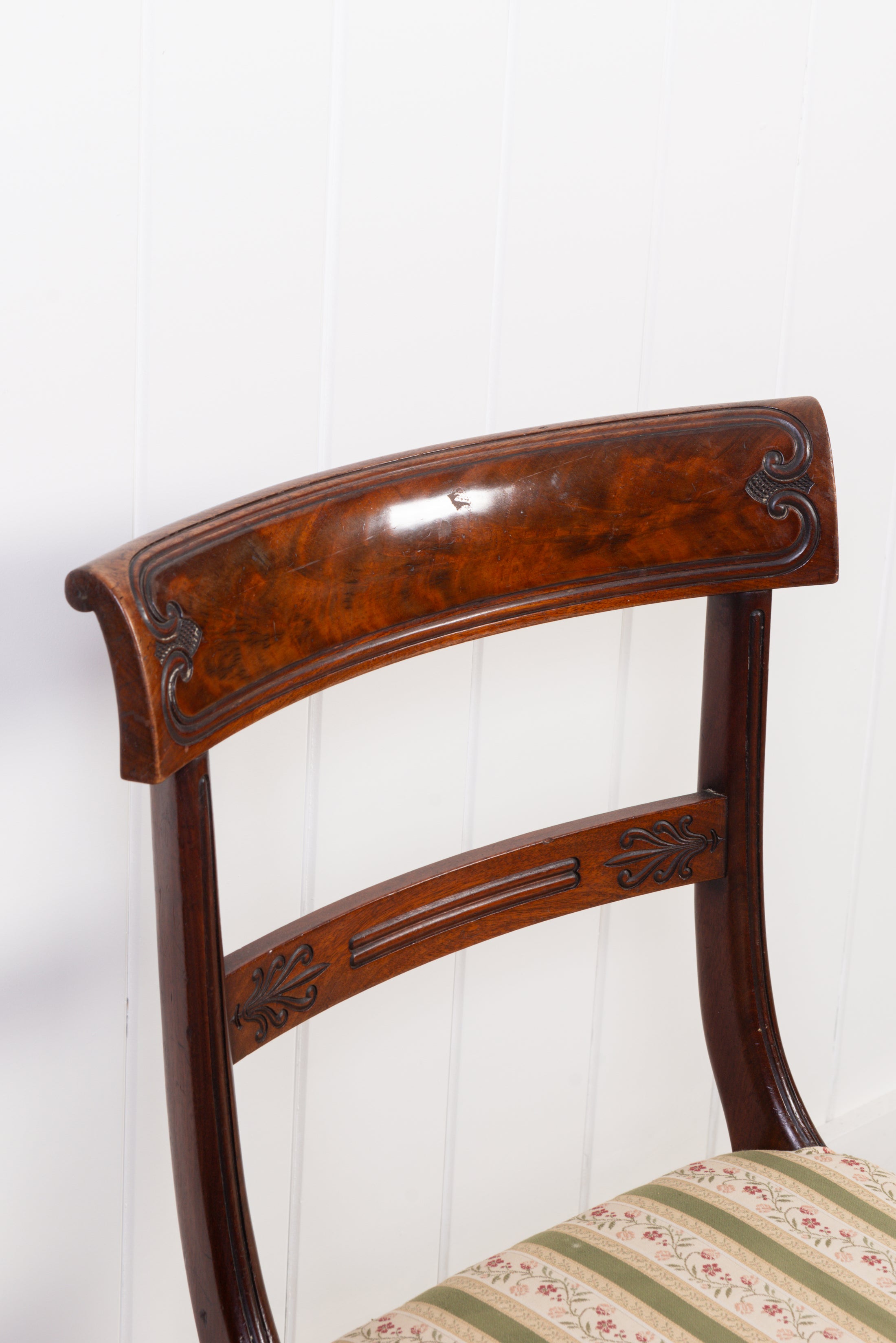 English Mahogany Chair with Green Stripe Fabric