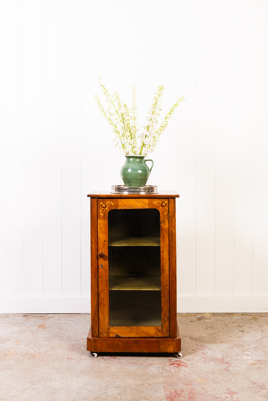 19th Century Walnut Inlaid Pedestal Cabinet On Castors