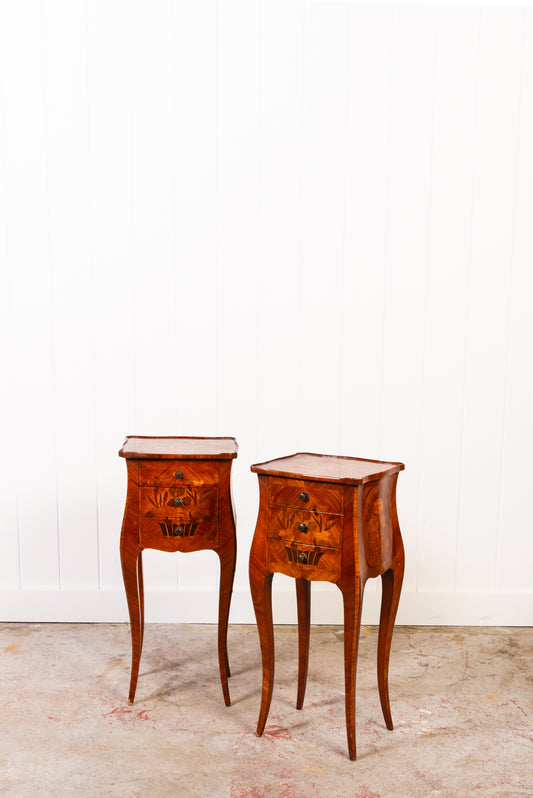 PAIR Louis XV Style Floral Marquetry Side Tables with Soft Scallop Top