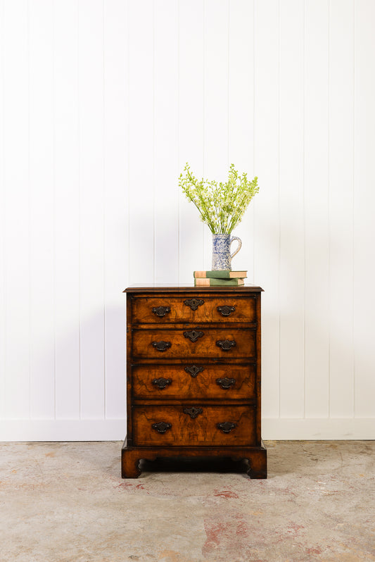 English Book-Match Walnut Four Drawer Bachelor's Chest