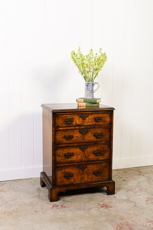 English Book-Match Walnut Four Drawer Bachelor's Chest