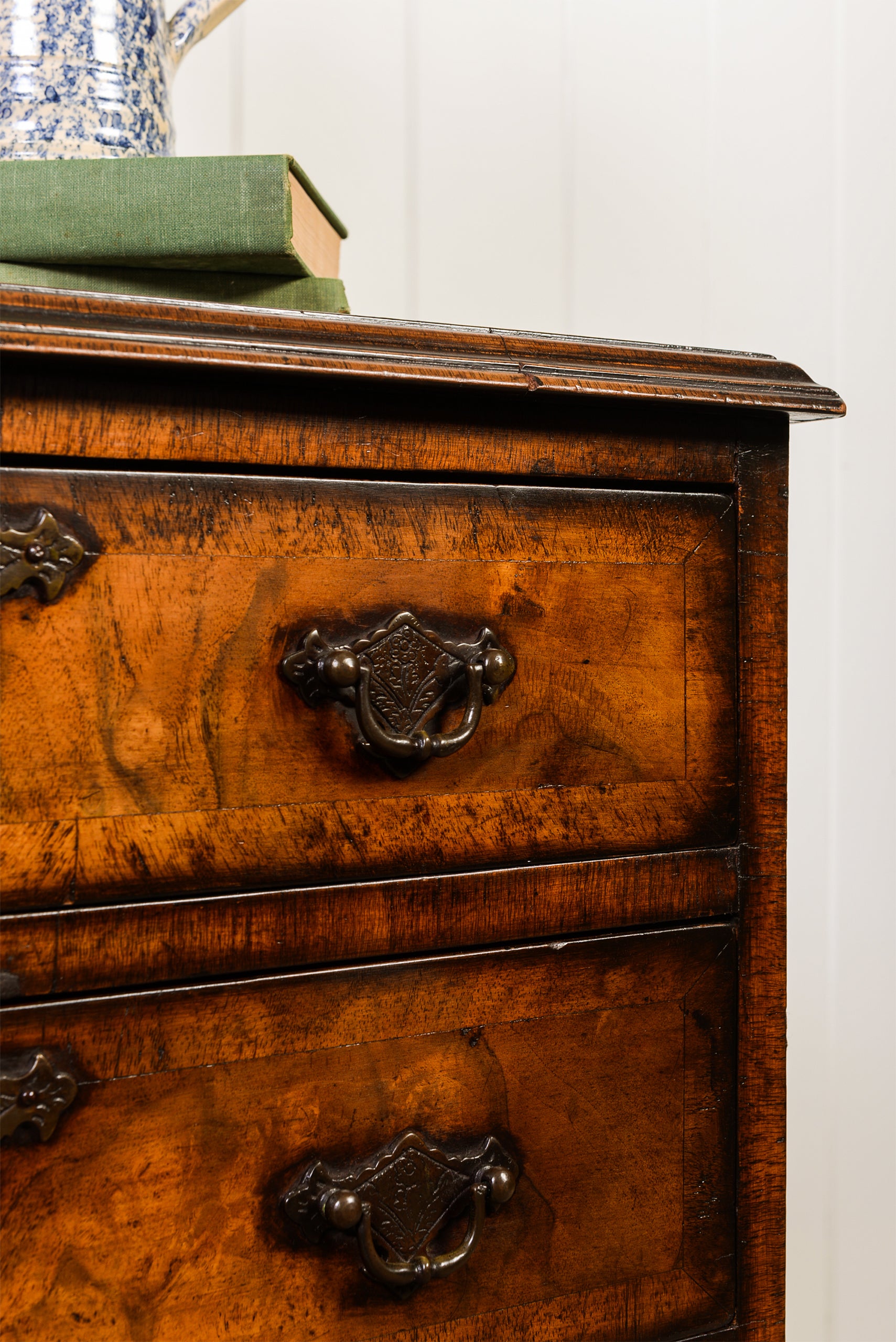 English Book-Match Walnut Four Drawer Bachelor's Chest