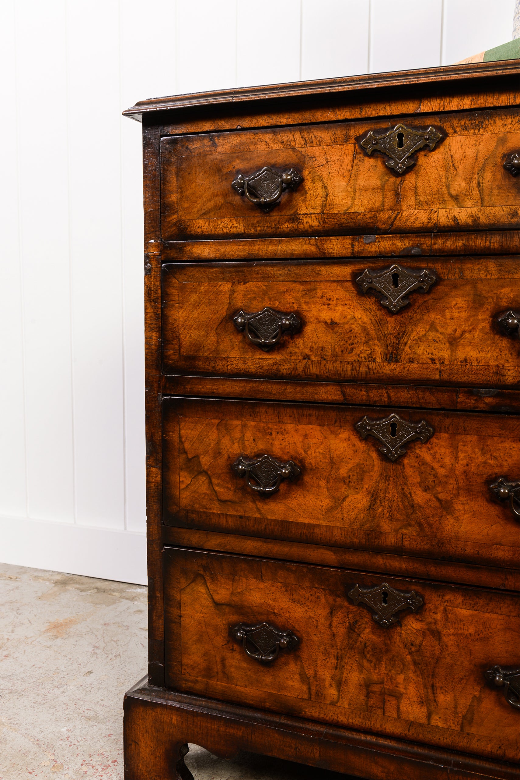 English Book-Match Walnut Four Drawer Bachelor's Chest
