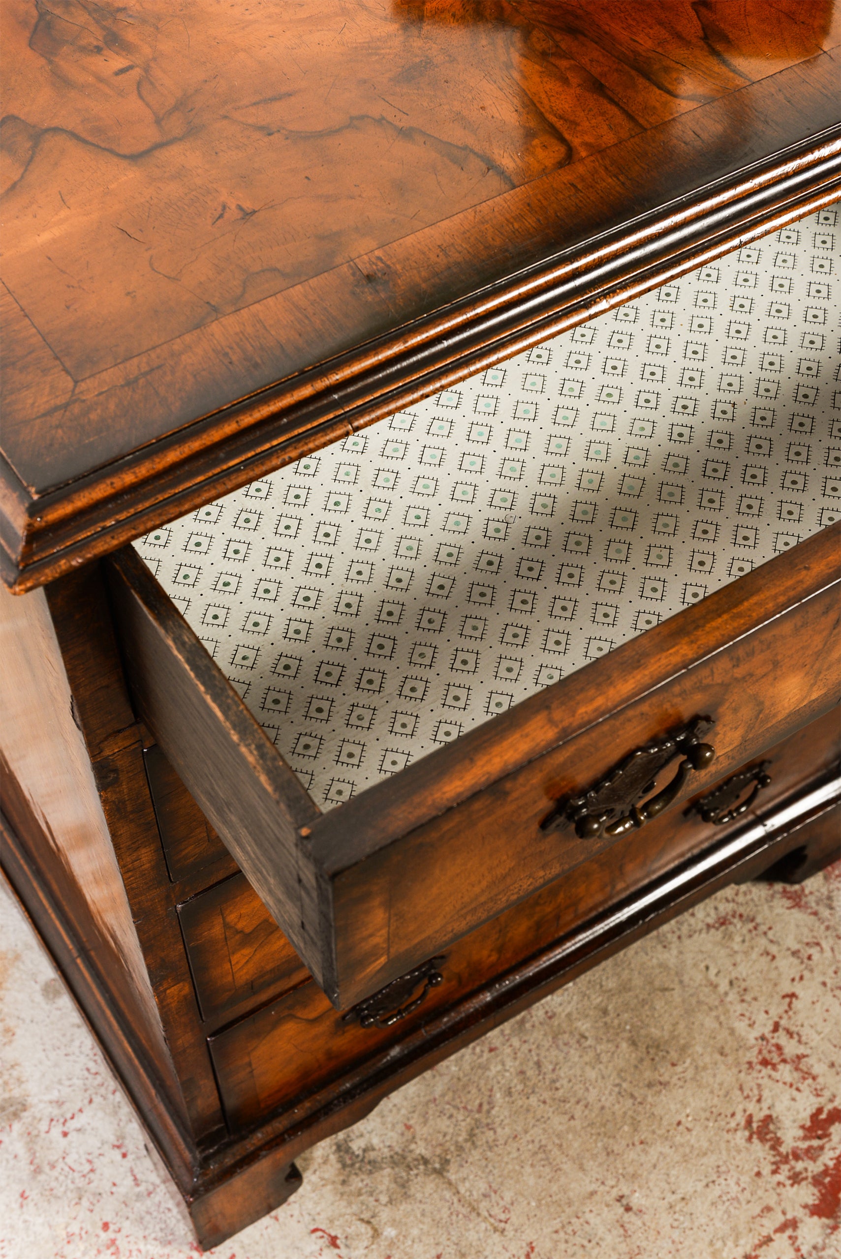 English Book-Match Walnut Four Drawer Bachelor's Chest