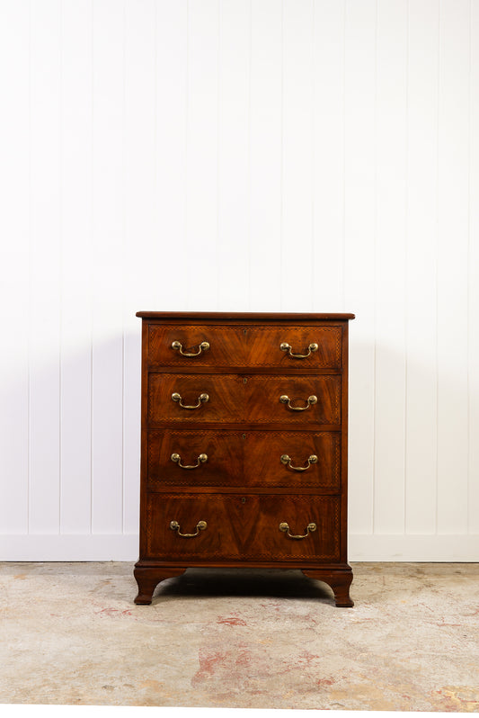 English Mahogany Chest with Ebony Check Inlay Drawer Detail + Swan Neck Handles (c. 1900)