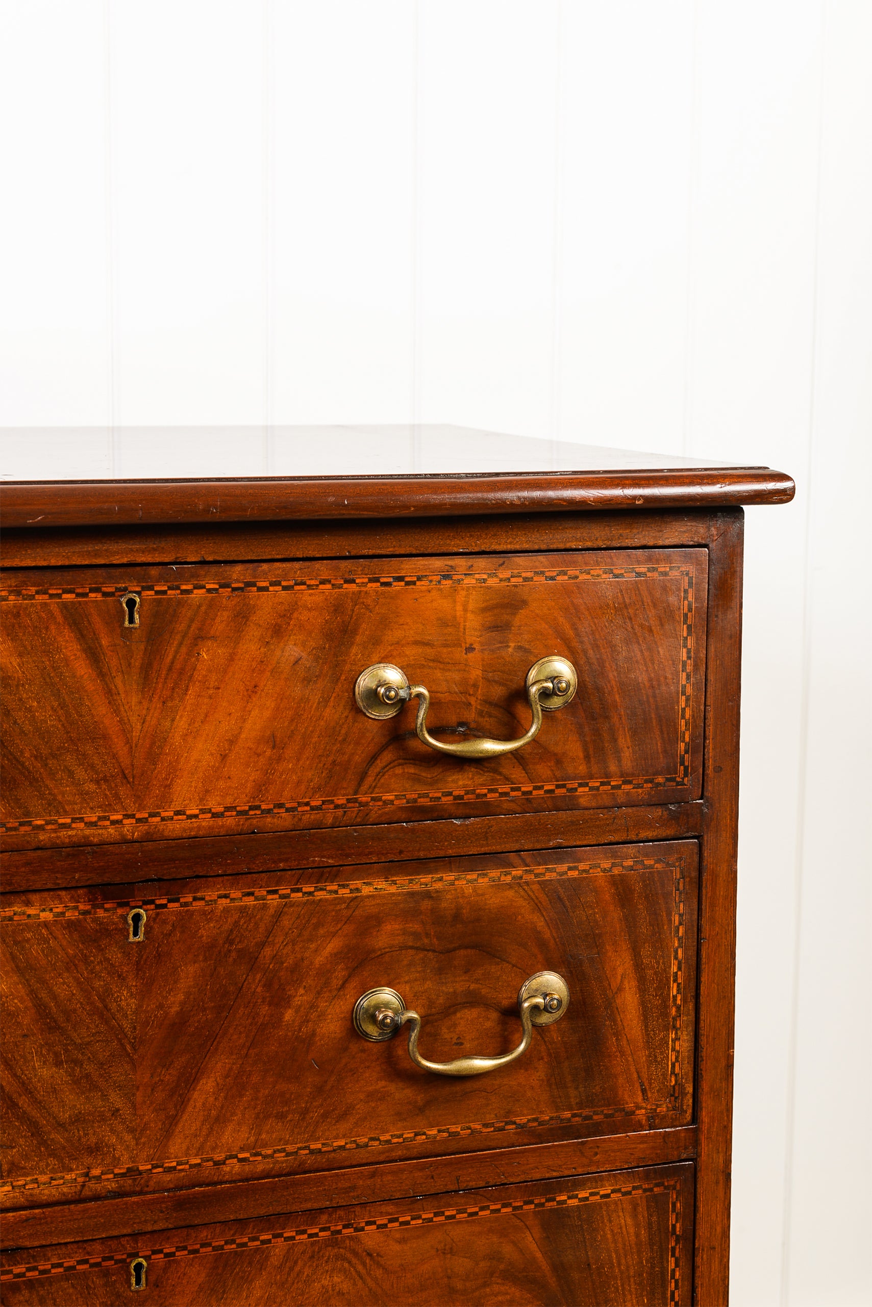 English Mahogany Chest with Ebony Check Inlay Drawer Detail + Swan Neck Handles (c. 1900)