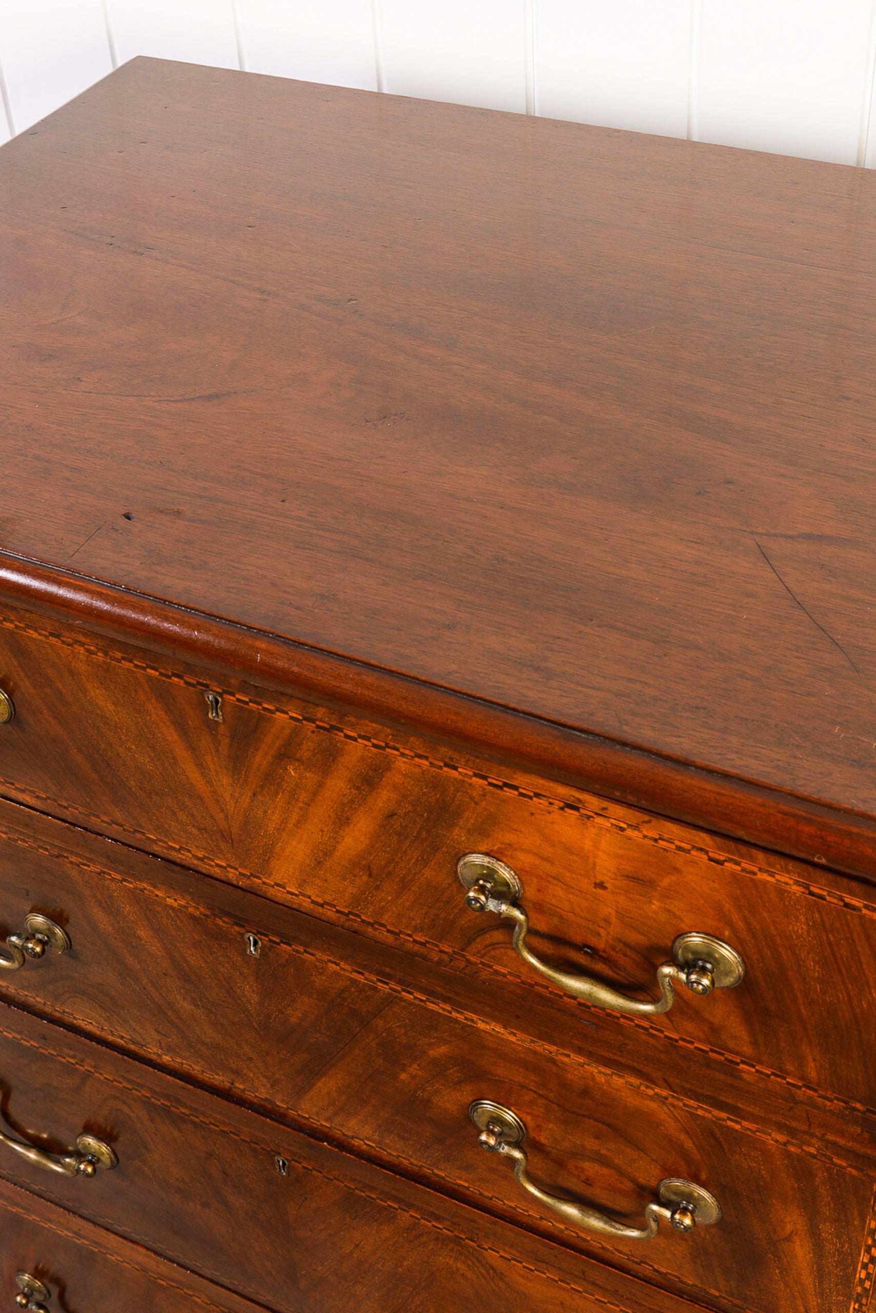English Mahogany Chest with Ebony Check Inlay Drawer Detail + Swan Neck Handles (c. 1900)